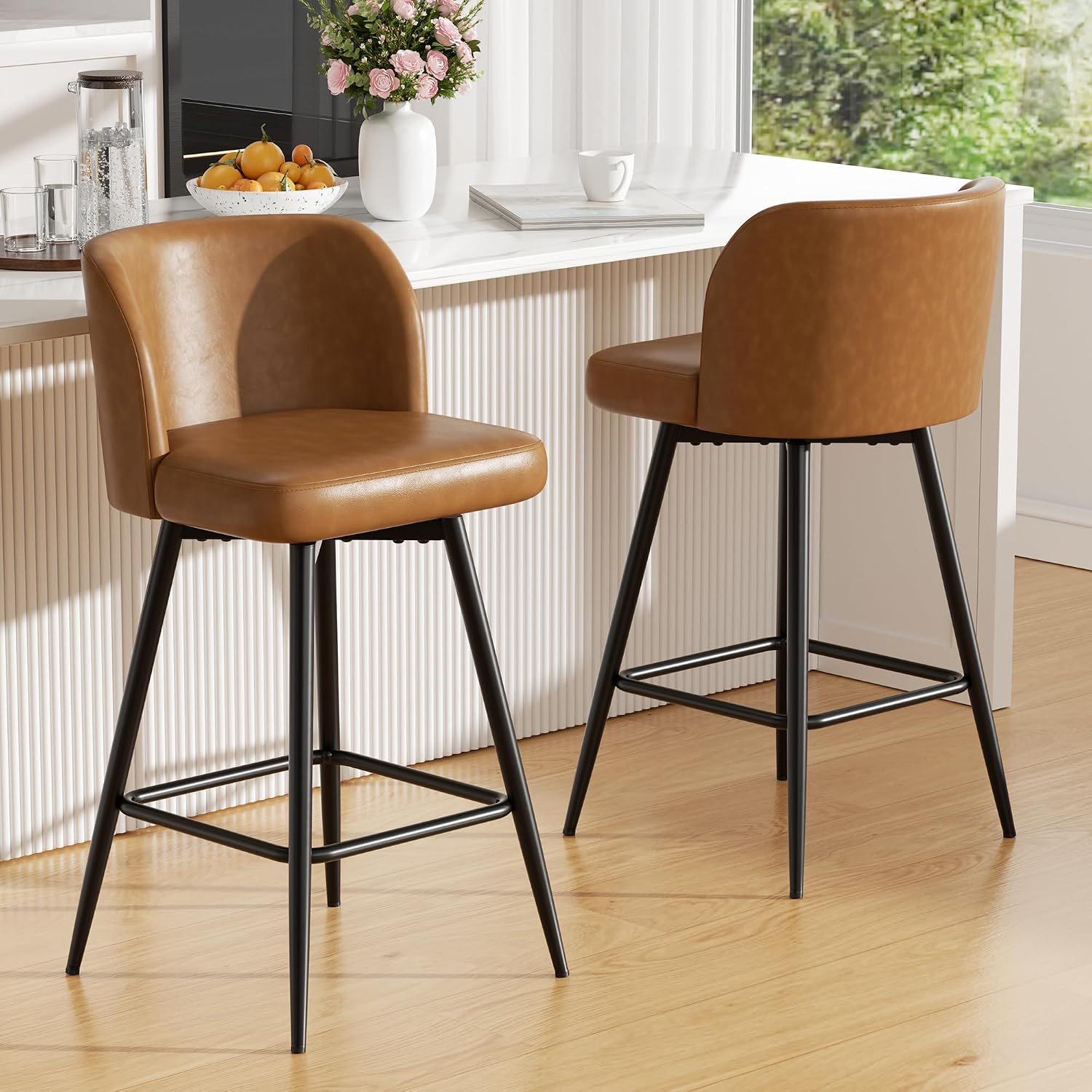 Caramel Faux Leather Swivel Bar Stools