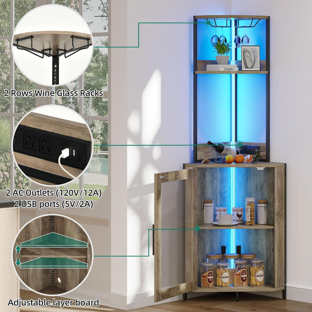 Power Outlet LED Glass Holder Corner Wine Bar Cabinet