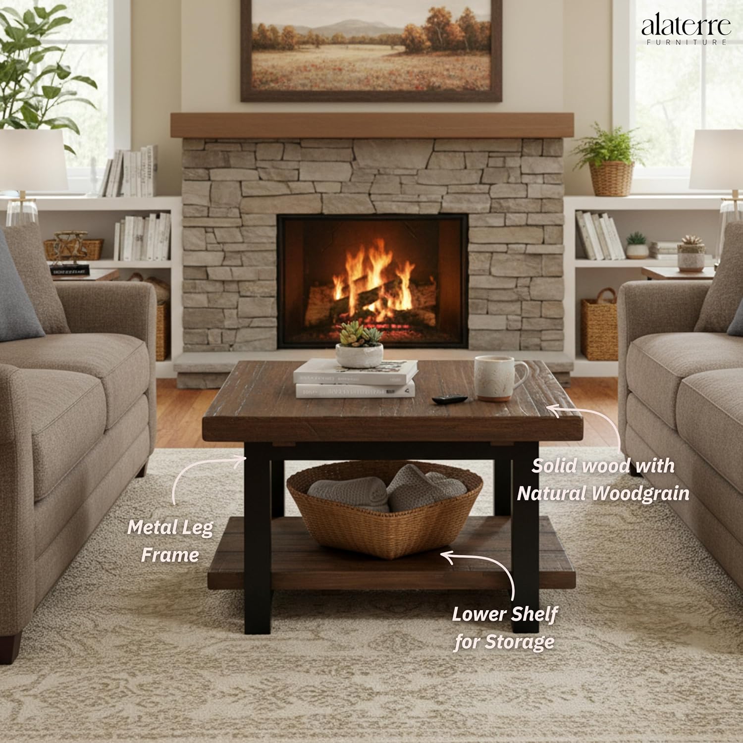 Rustic Brown Wood Metal Coffee Table