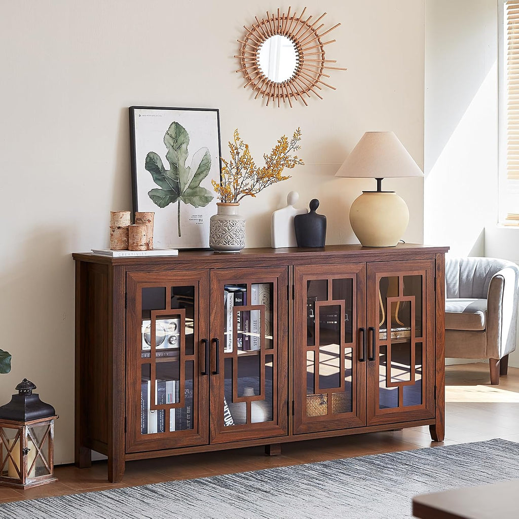 Brown 4 Glass Door Farmhouse Coffee Bar Sideboard Cabinet