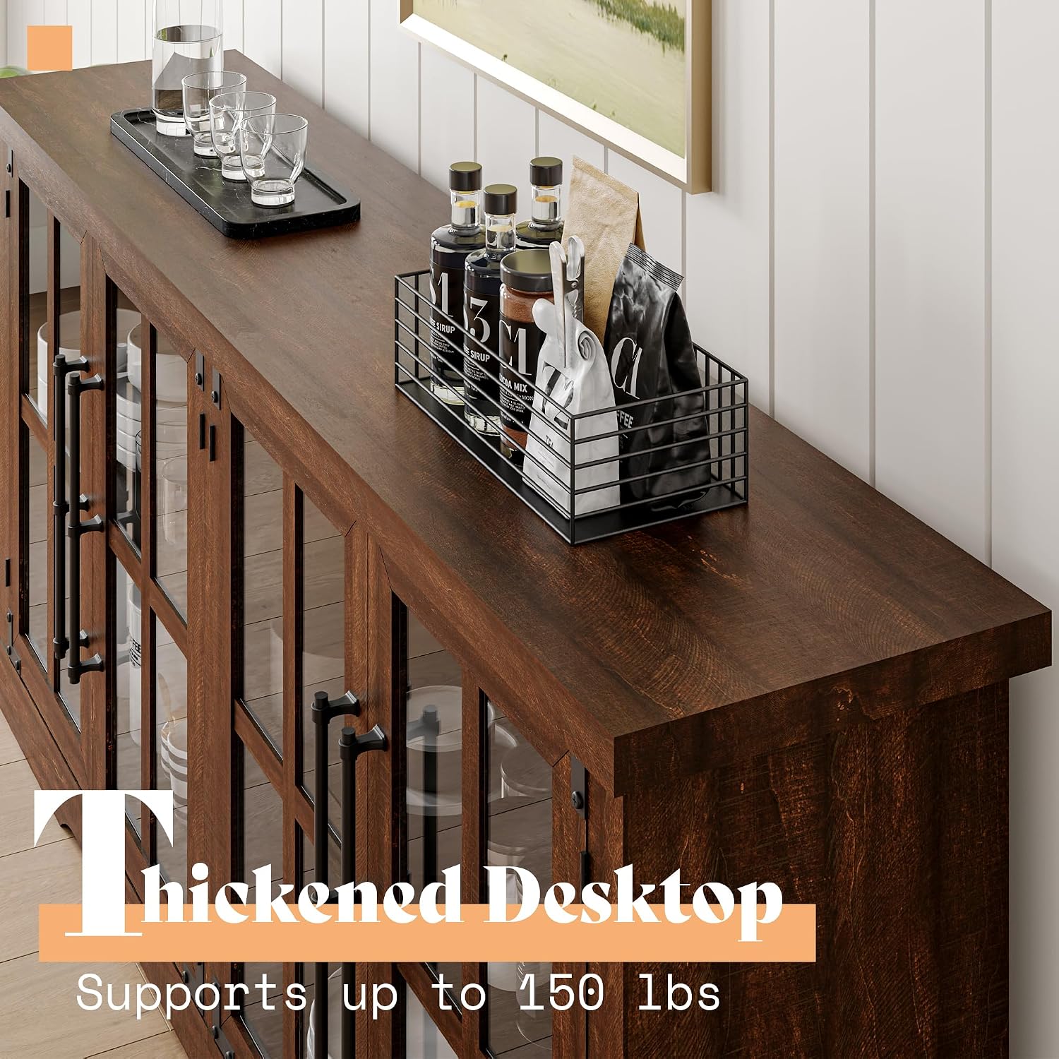 Brown Farmhouse Glass Door Buffet Sideboard Cabinet