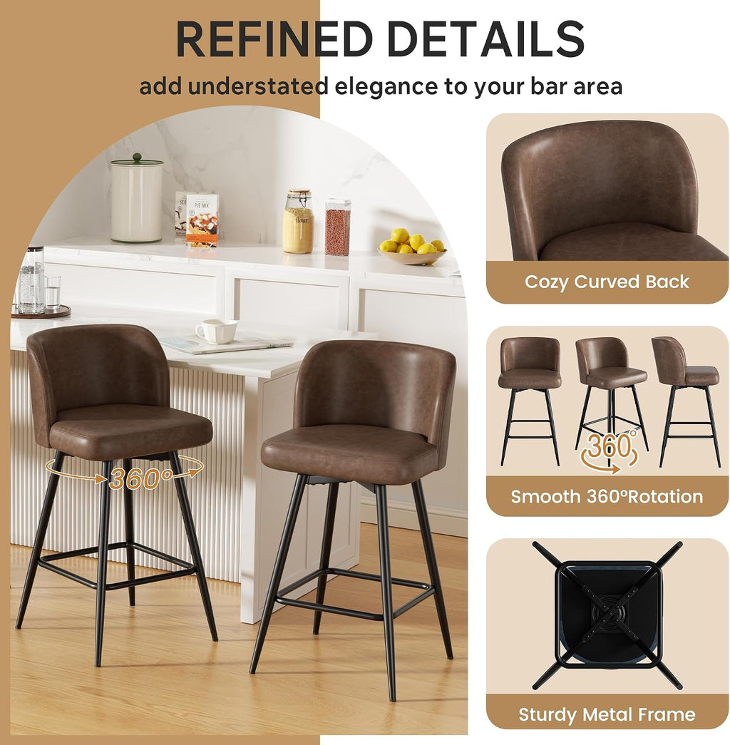 Brown Faux Leather Swivel Bar Stools Set of 2