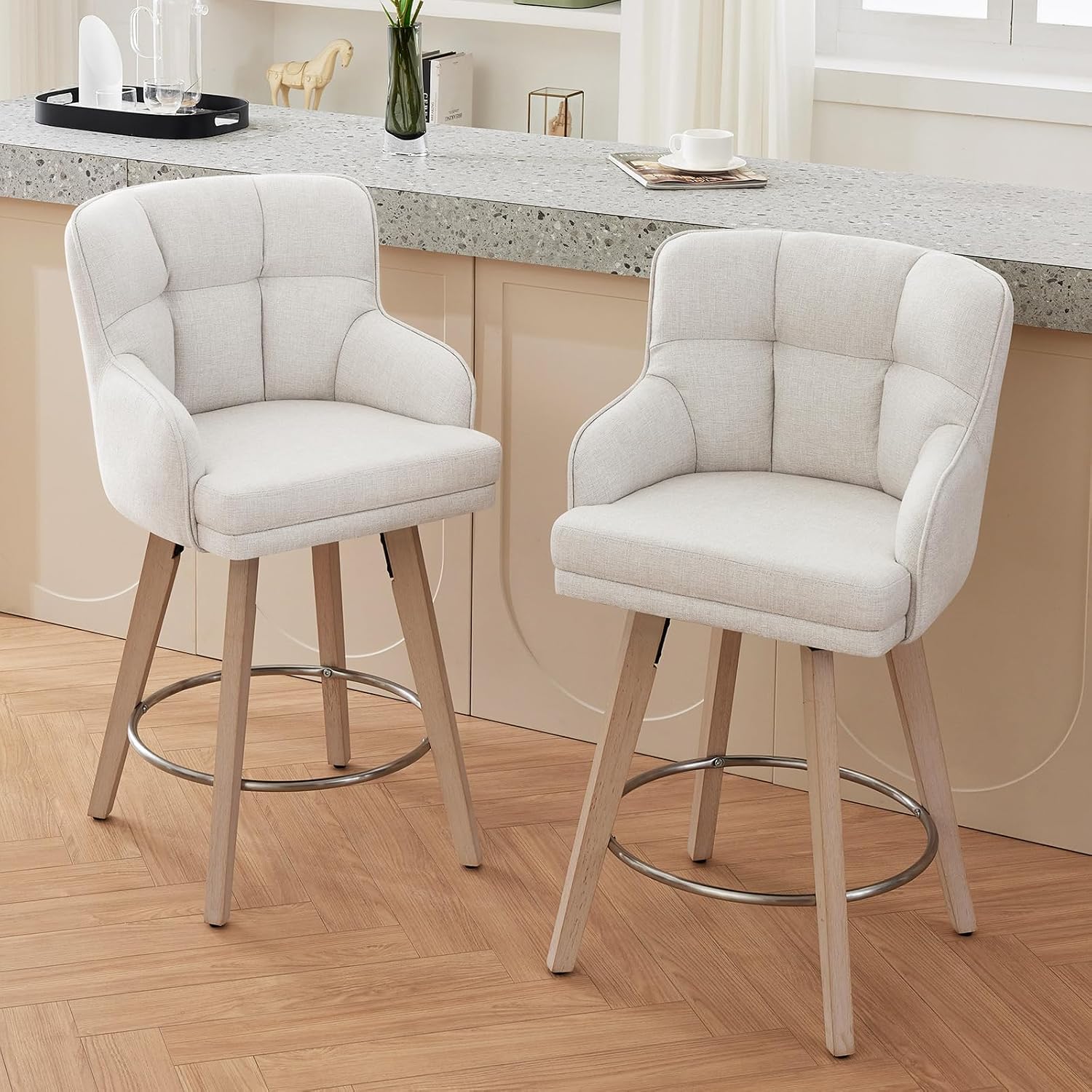 Beige Fabric Swivel Counter Stools Set of 2