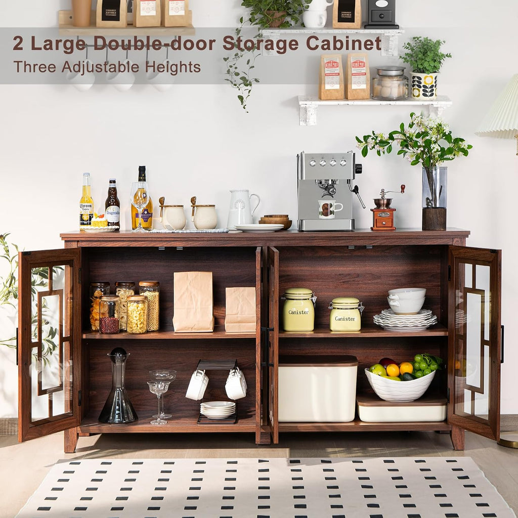 Brown 4 Glass Door Farmhouse Coffee Bar Sideboard Cabinet