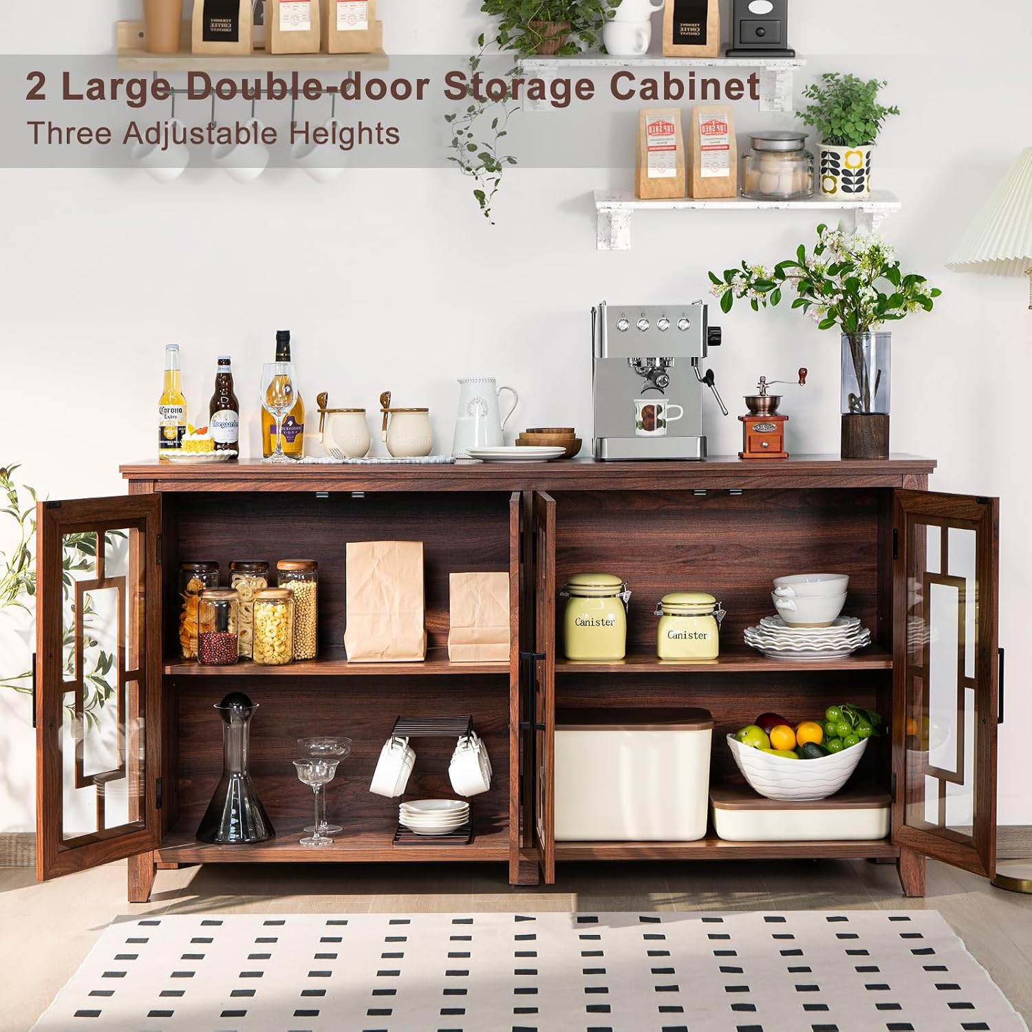 Brown 4 Glass Door Farmhouse Coffee Bar Sideboard Cabinet