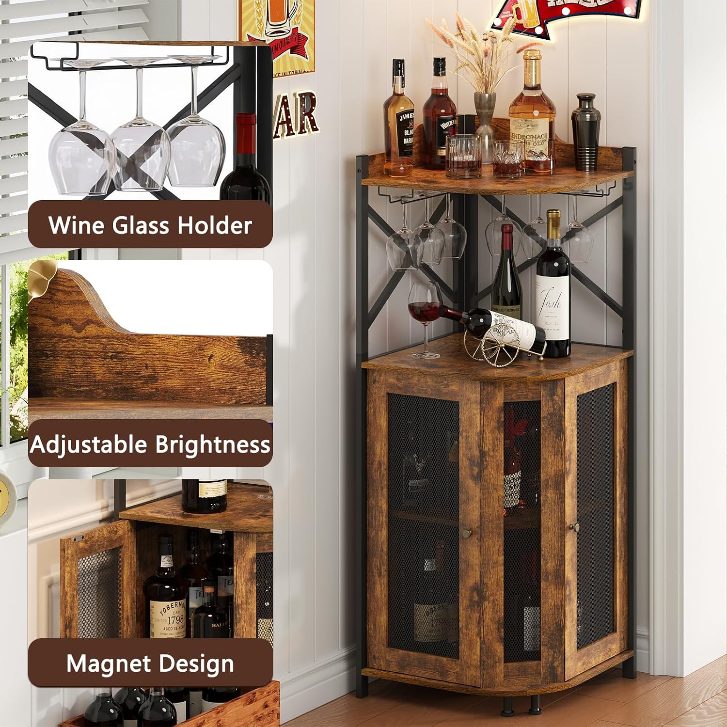 Rustic Corner Wine Bar Cabinet