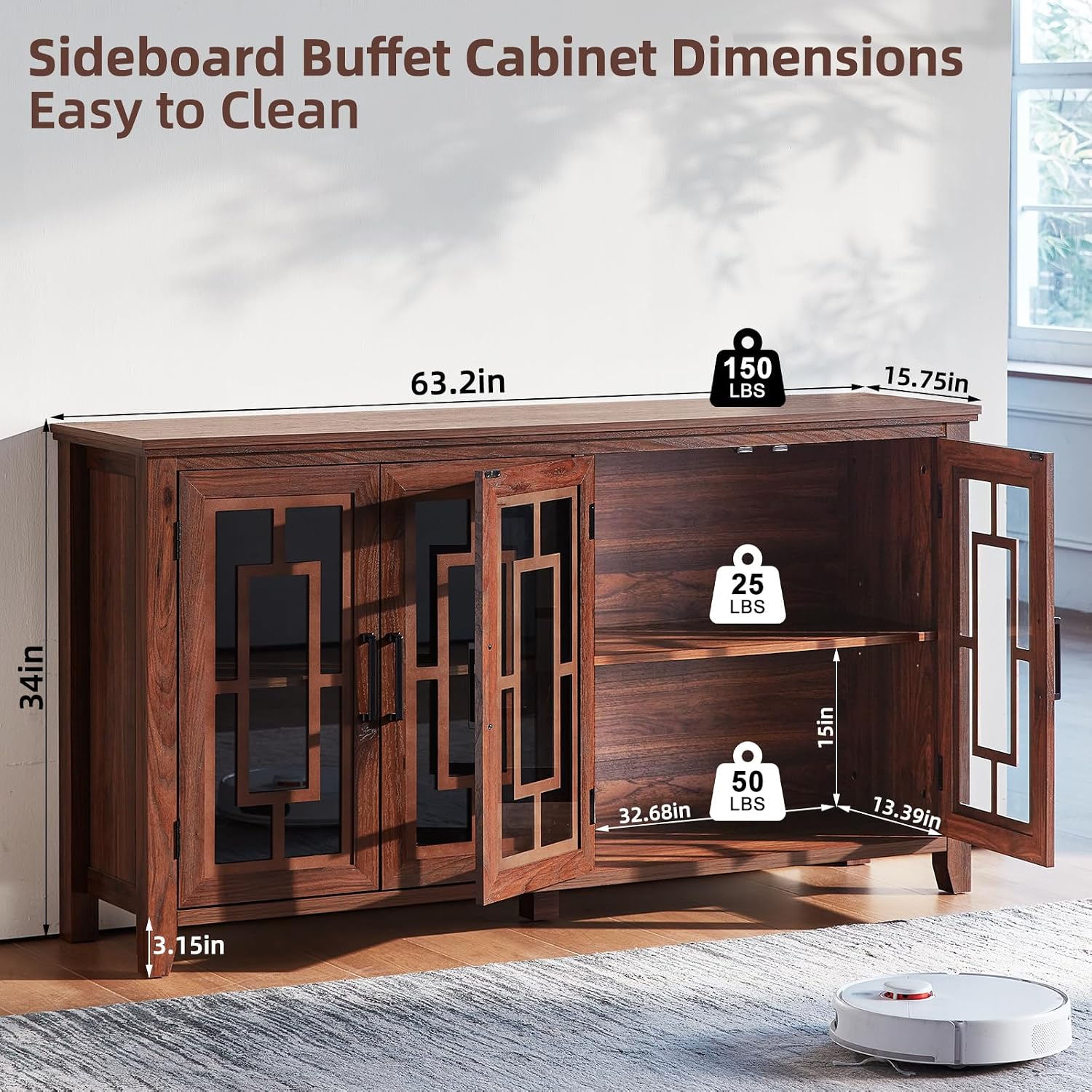 Brown 4 Glass Door Farmhouse Coffee Bar Sideboard Cabinet