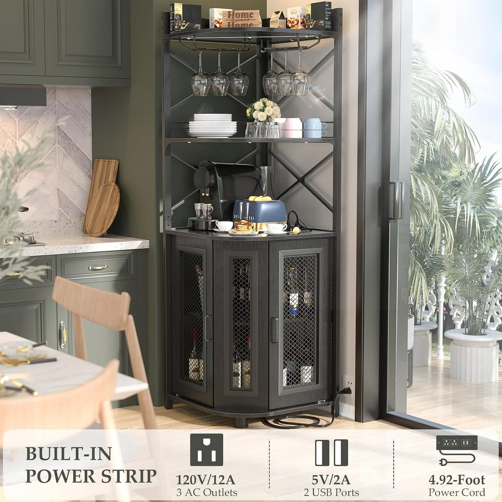 Black LED Power Outlet Industrial Corner Wine Bar Cabinet