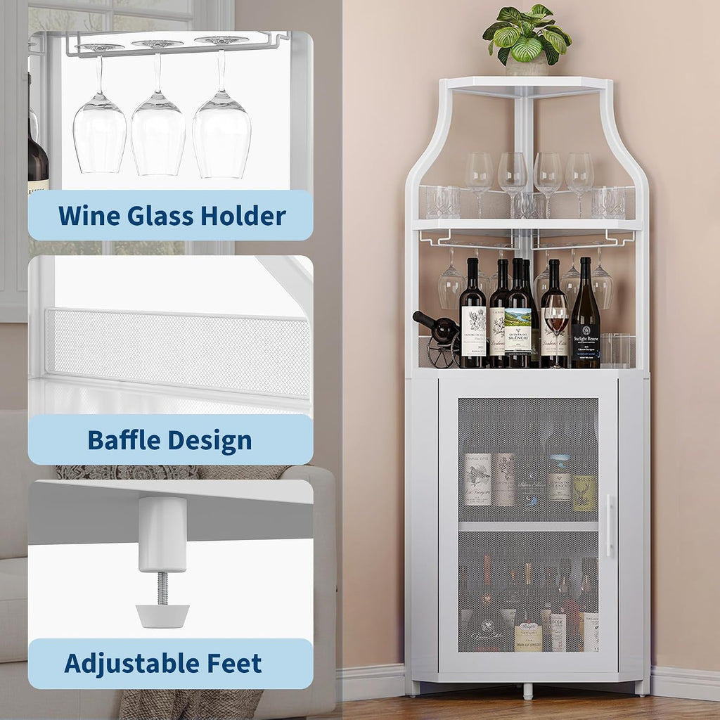 White Mesh Door Industrial Corner Wine Bar Cabinet