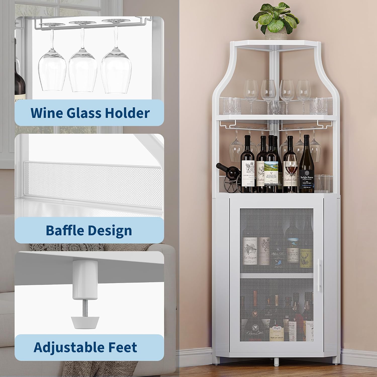 White Mesh Door Industrial Corner Wine Bar Cabinet
