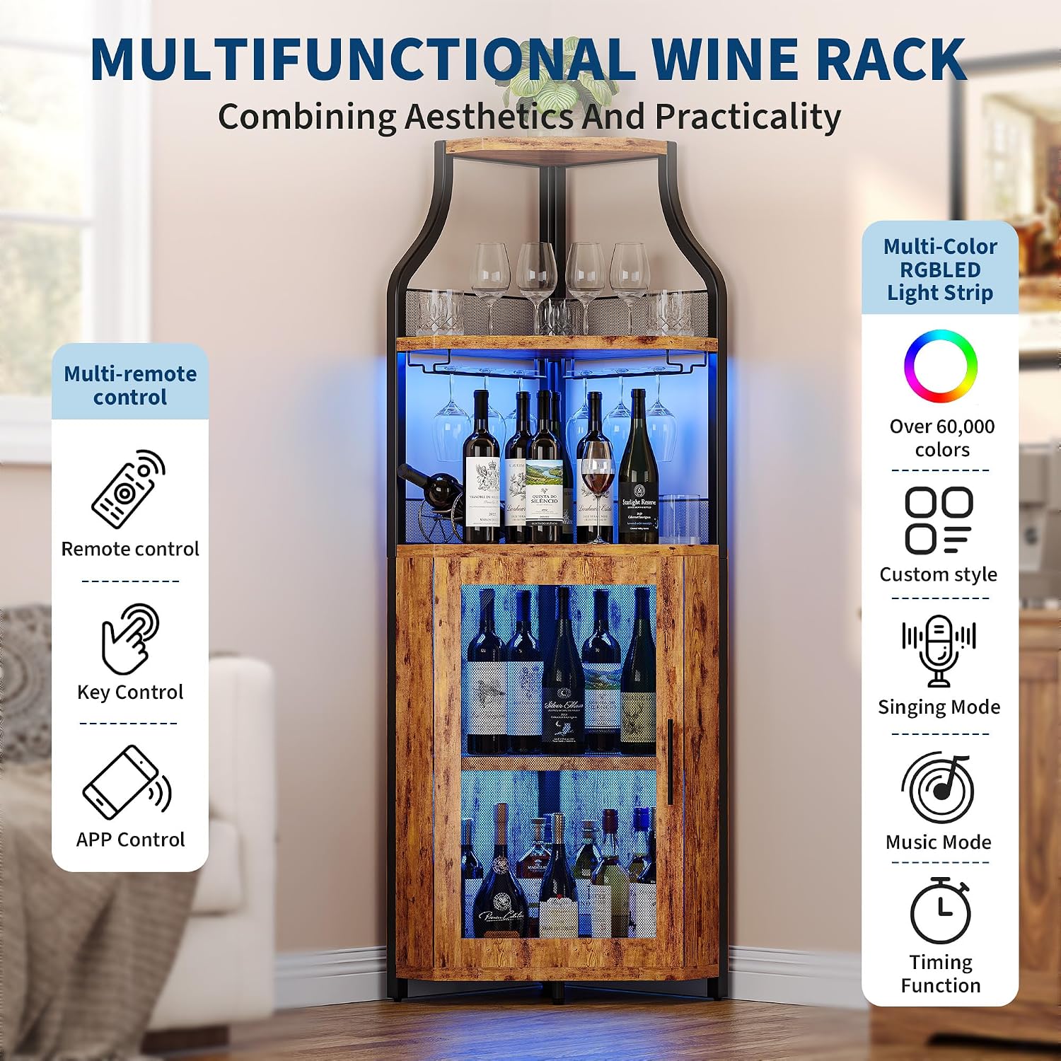 Rustic LED Mesh Corner Wine Cabinet