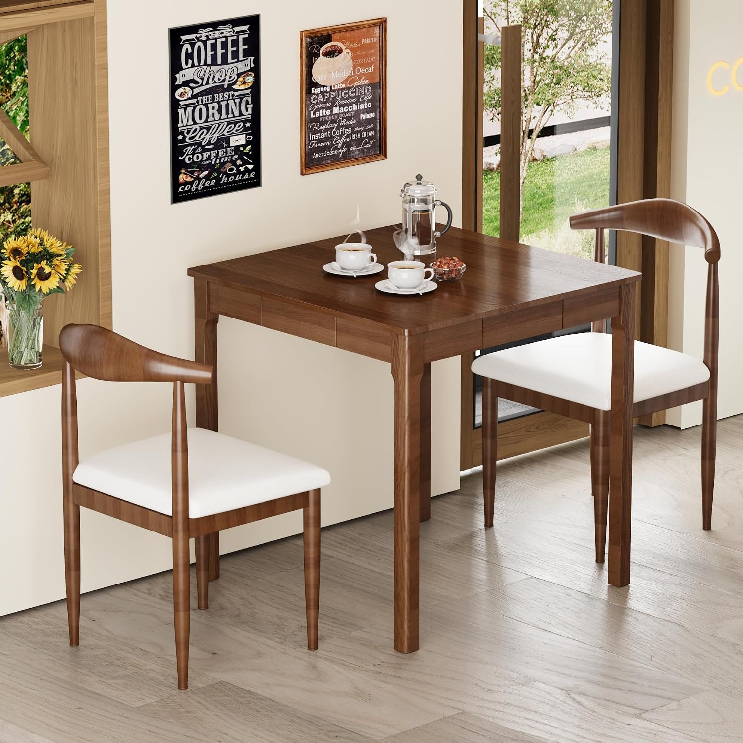 Walnut Square Wood Desk with Drawers