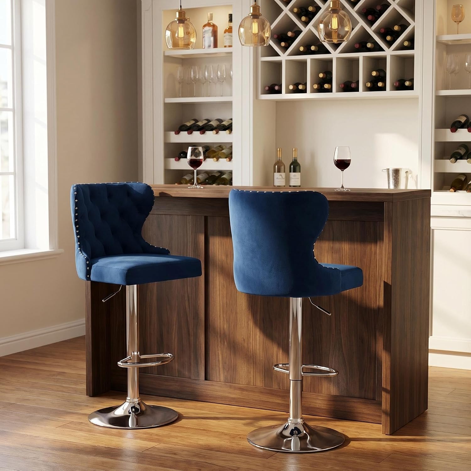 Blue Velvet Swivel Bar Stools Set
