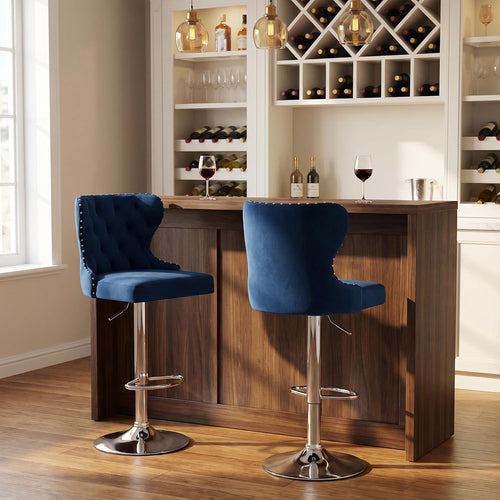 Blue Velvet Swivel Bar Stools Set