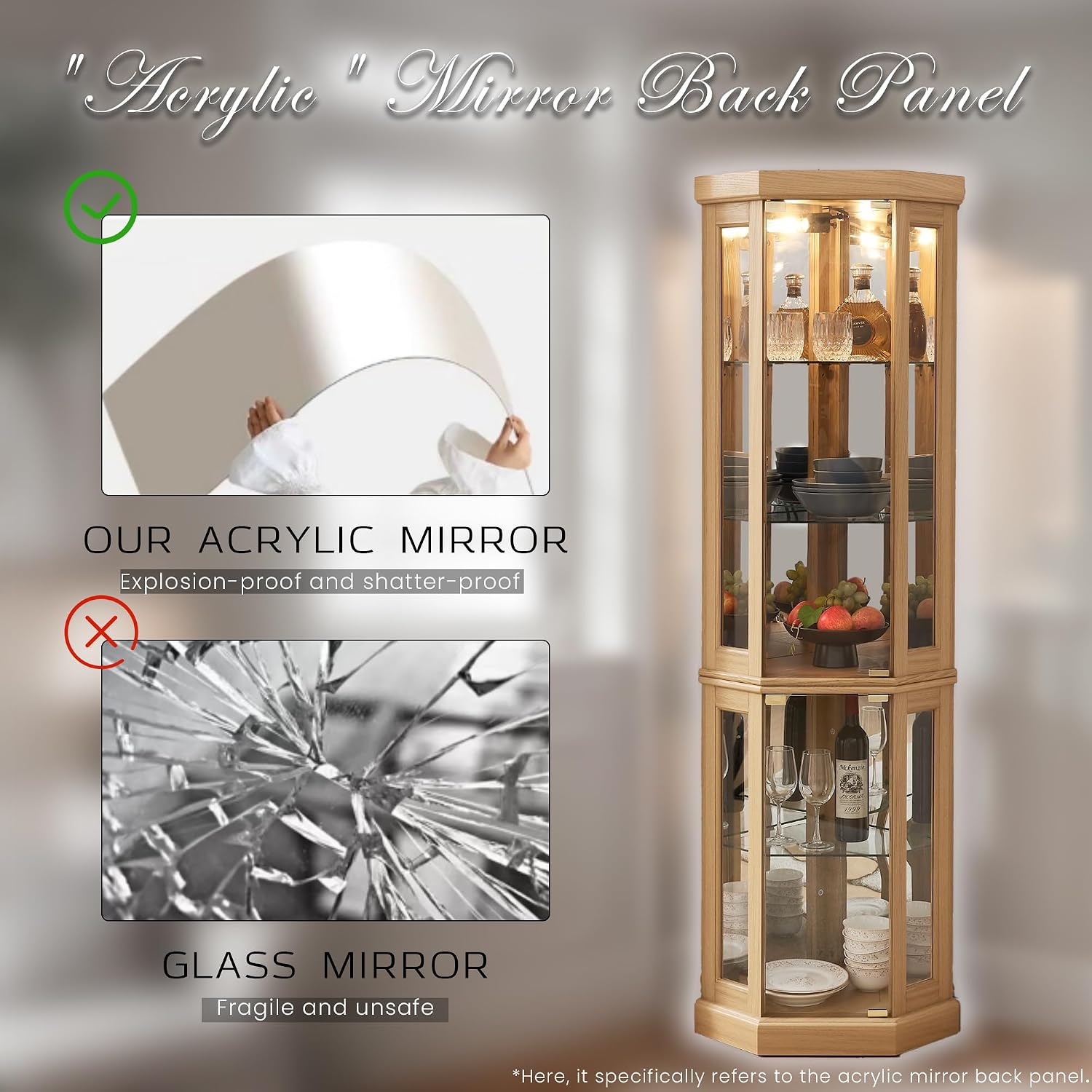 Light Oak LED Tempered Glass Tall Corner Wine Curio Cabinet