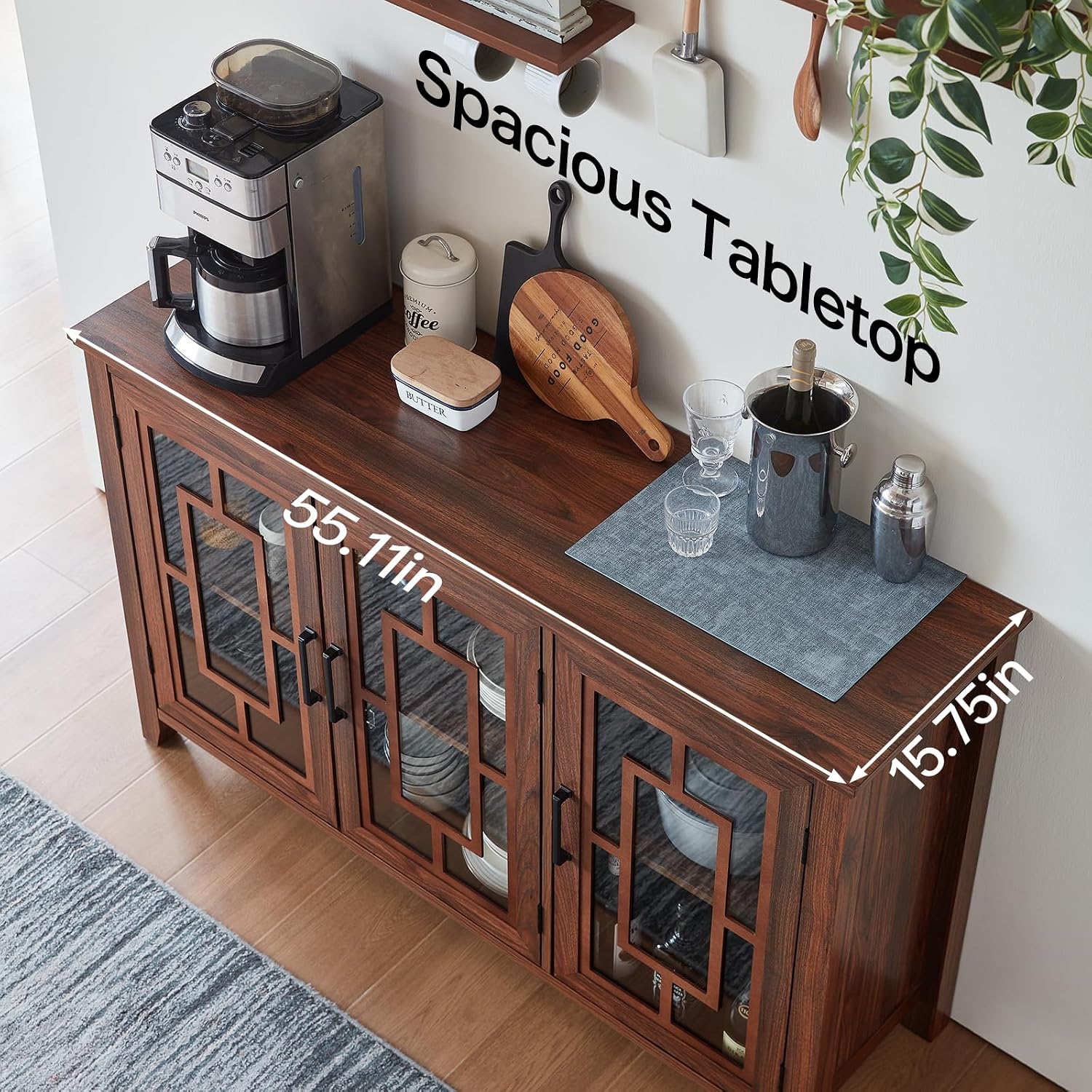 Brown Farmhouse Glass Door Coffee Bar Sideboard Cabinet