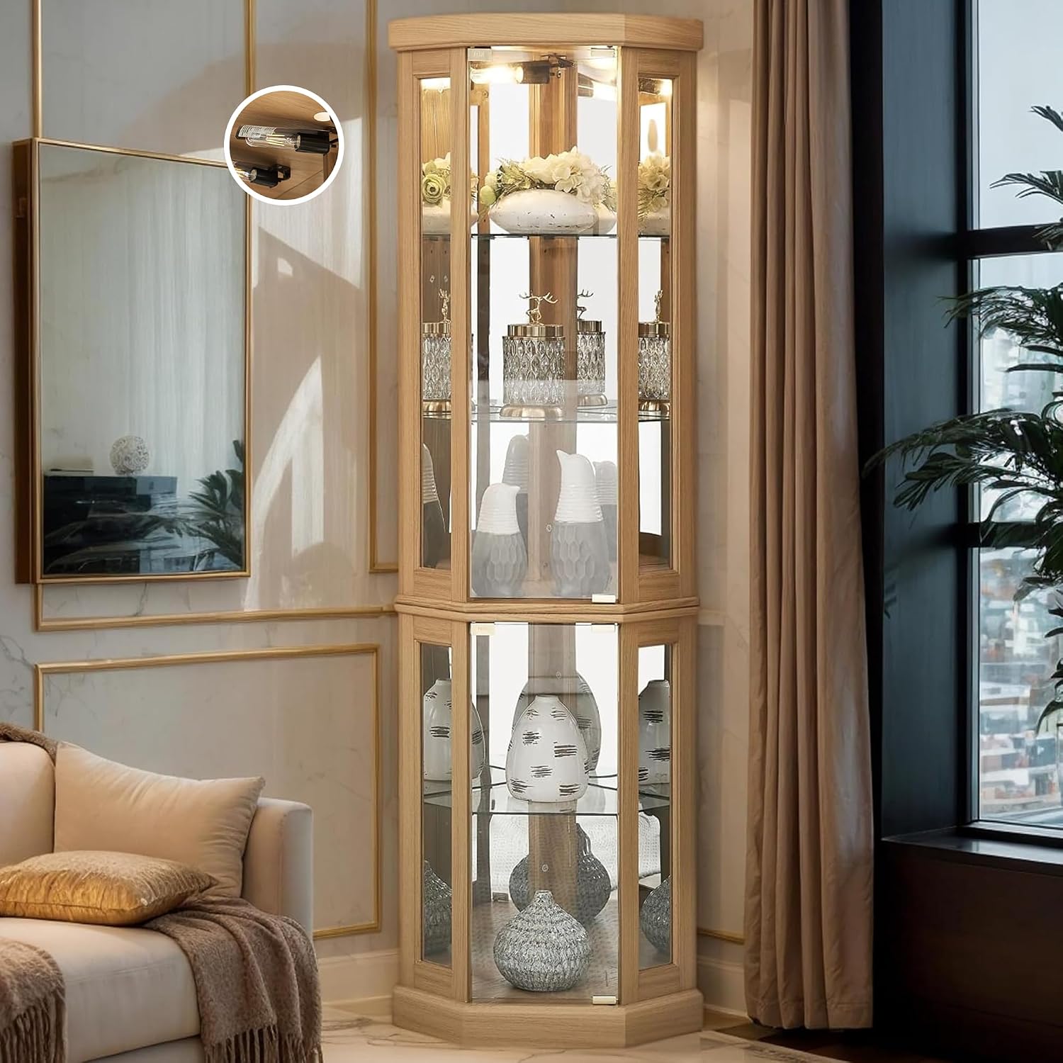 Light Oak LED Tempered Glass Tall Corner Wine Curio Cabinet