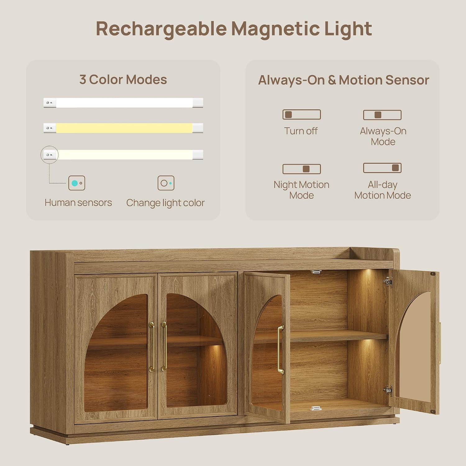 Brown Oak LED Arch Glass Door Sideboard Credenza