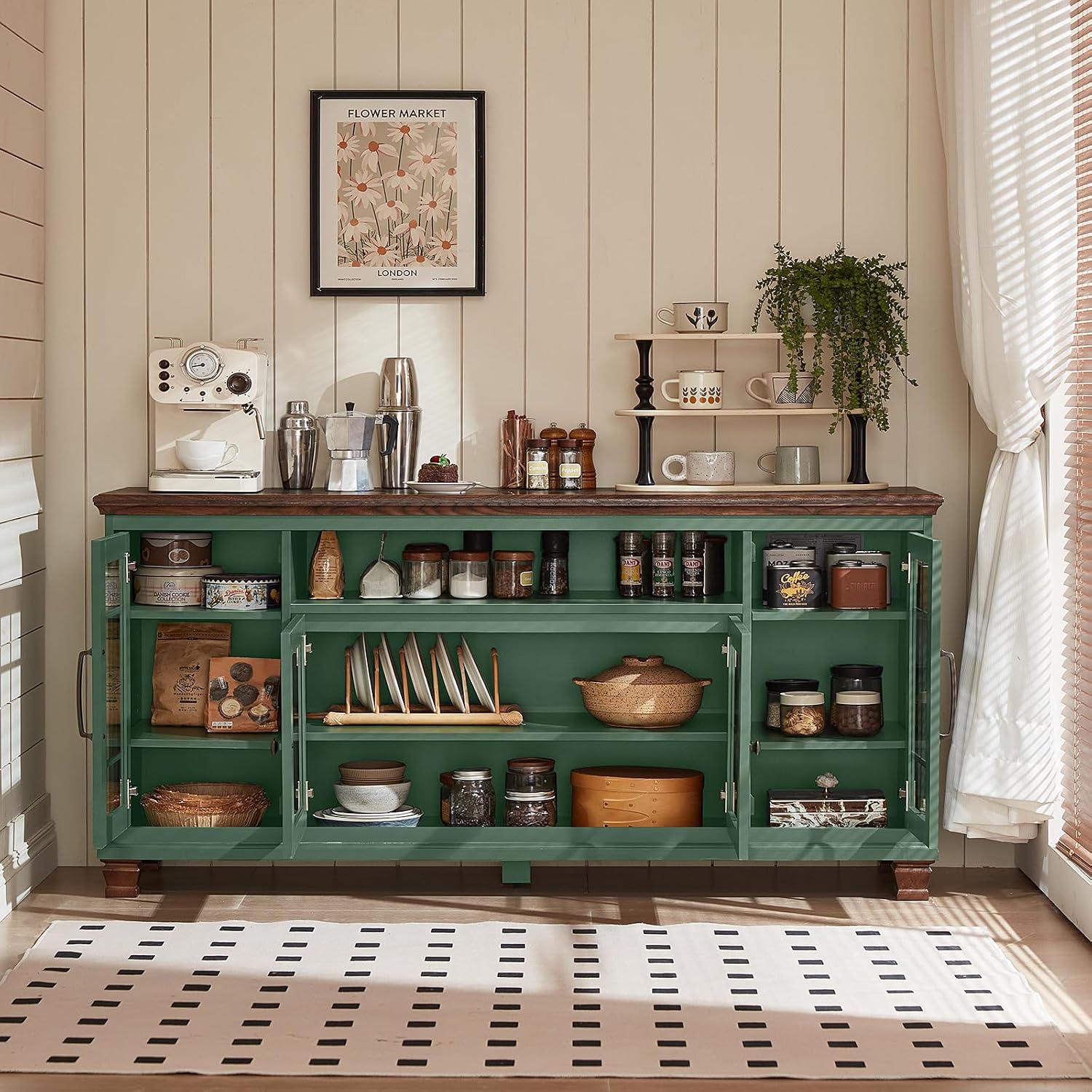 Vintage Green Glass Door Sideboard Buffet Cabinet