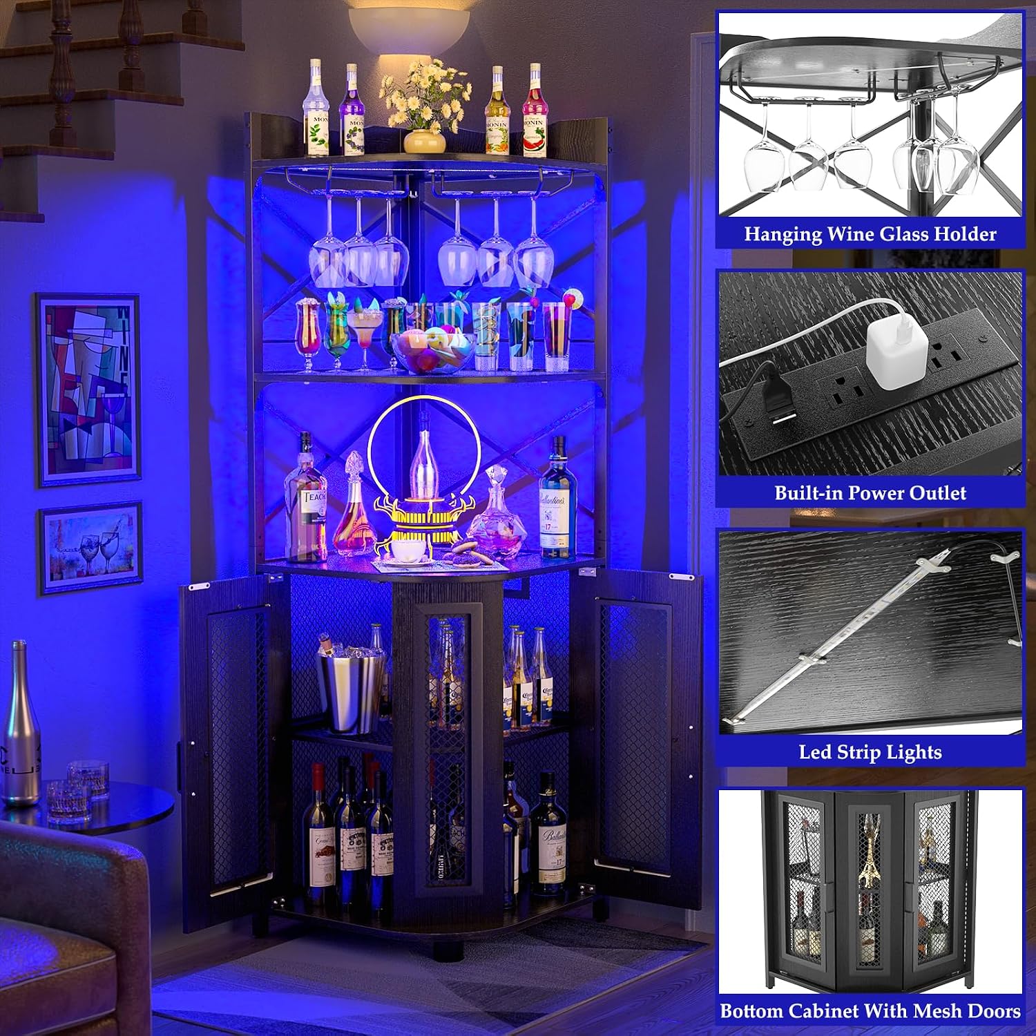 Black LED Power Outlet Industrial Corner Wine Bar Cabinet