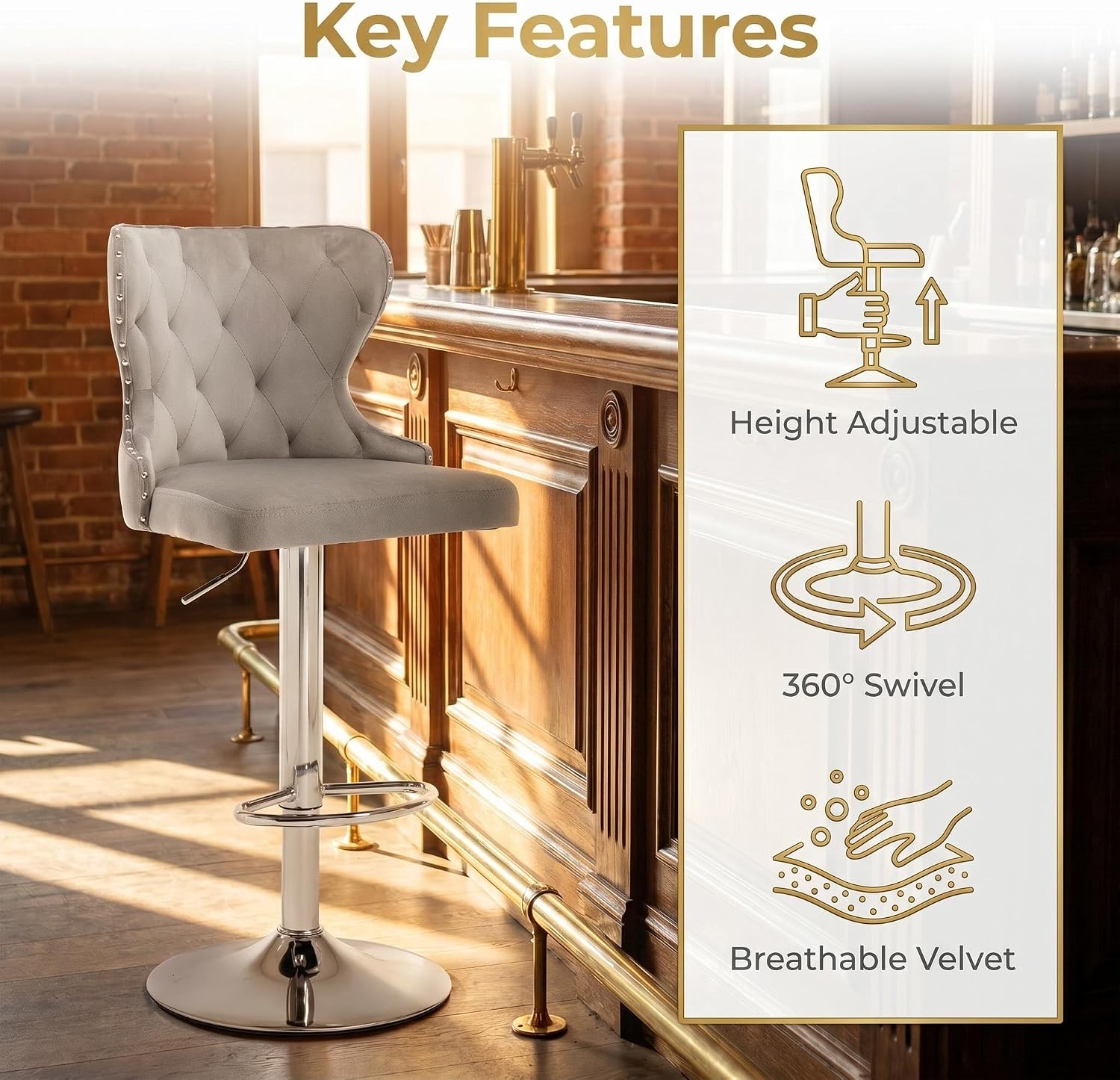 Gray Velvet Nailhead Swivel Bar Stools Set of 2