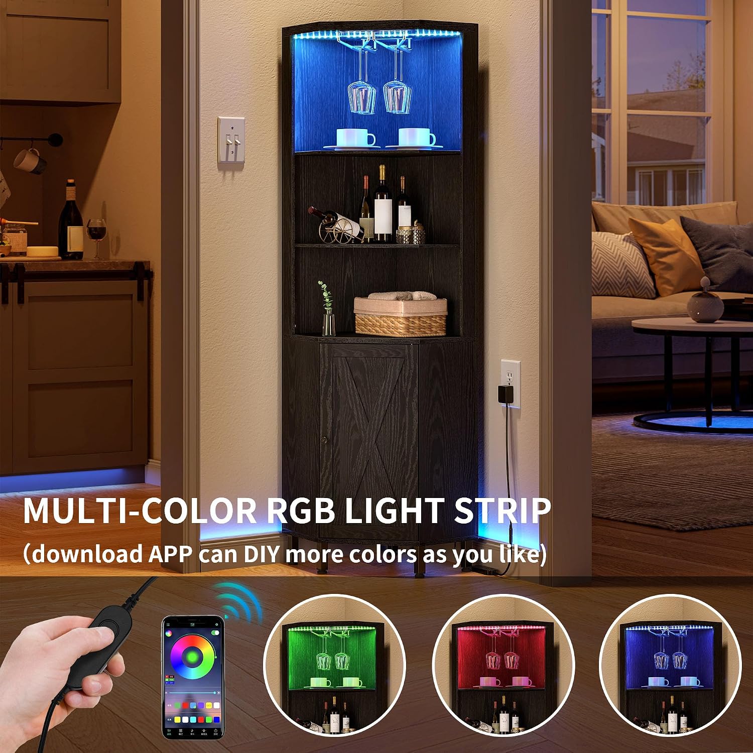 LED Glass Holder Tall Corner Wine Bar Storage Cabinet