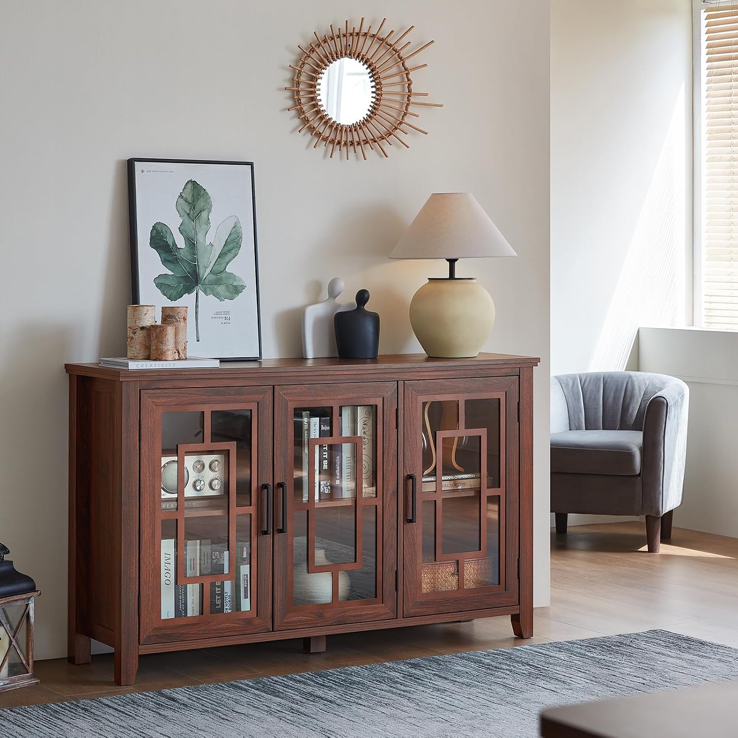 Brown Farmhouse Glass Door Coffee Bar Sideboard Cabinet