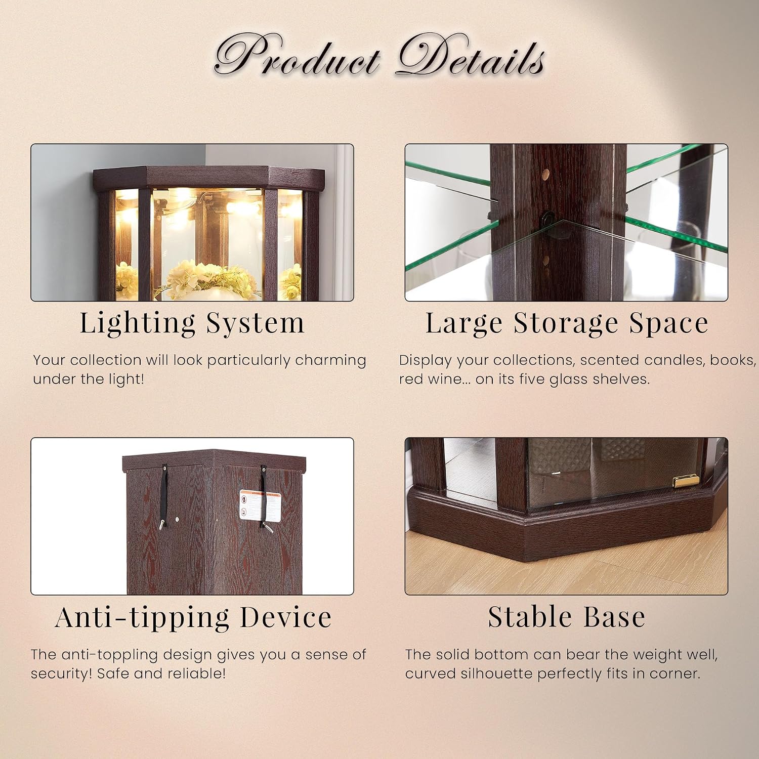 Dark Cherry LED Tempered Glass Tall Corner Wine Curio Cabinet