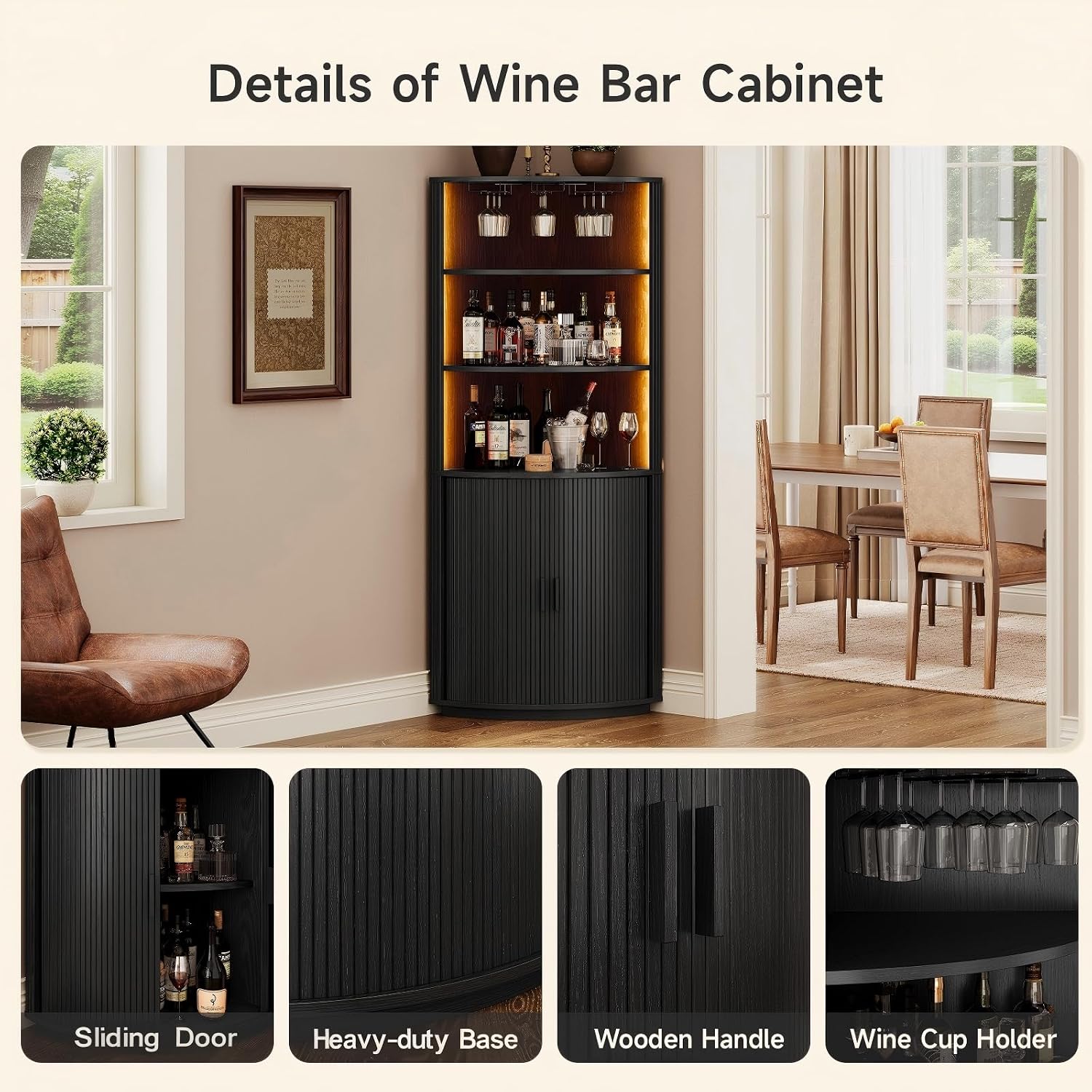 Black LED Fluted Tall Corner Wine Bar Cabinet