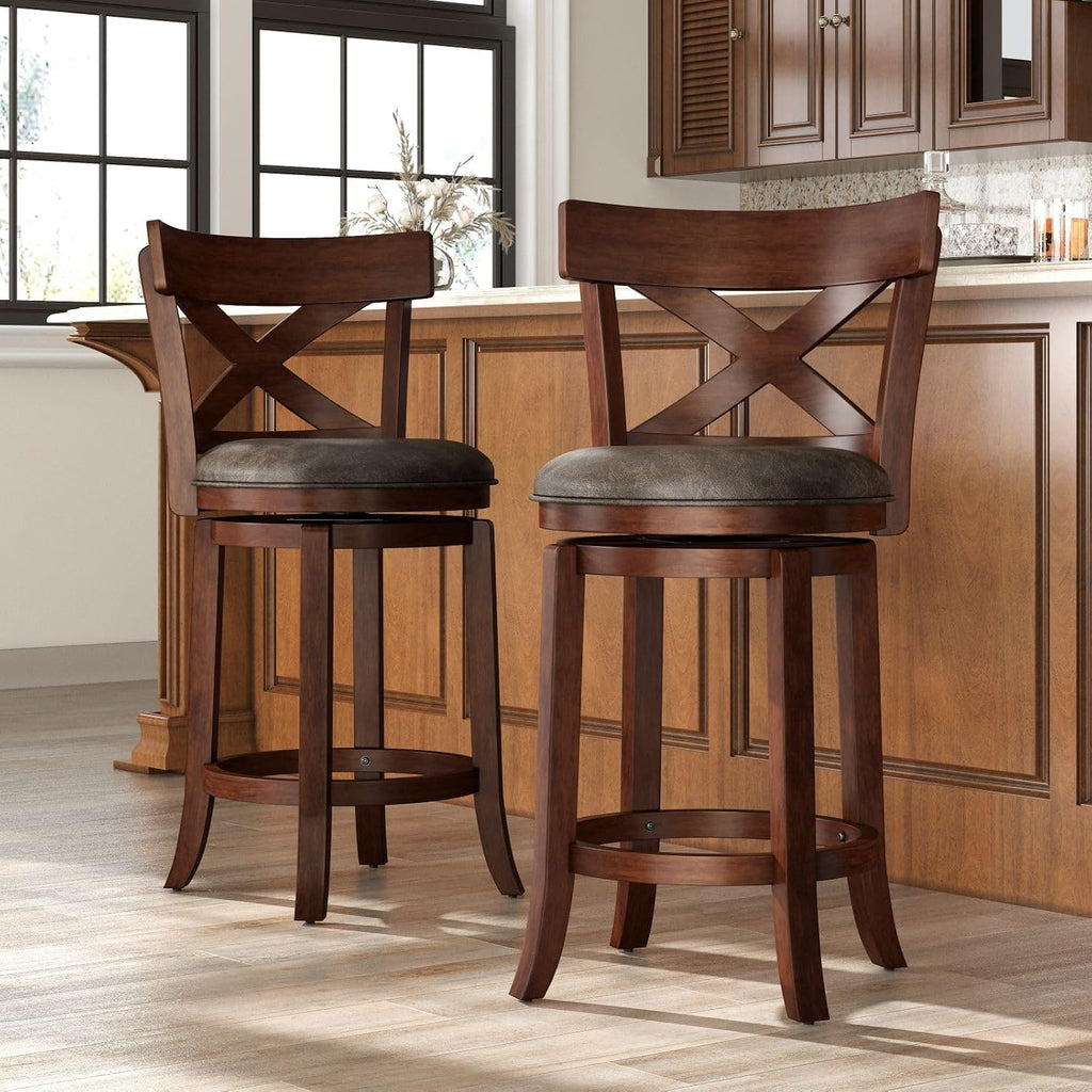 Cross Back Faux Leather Swivel Bar Stools Set of 2