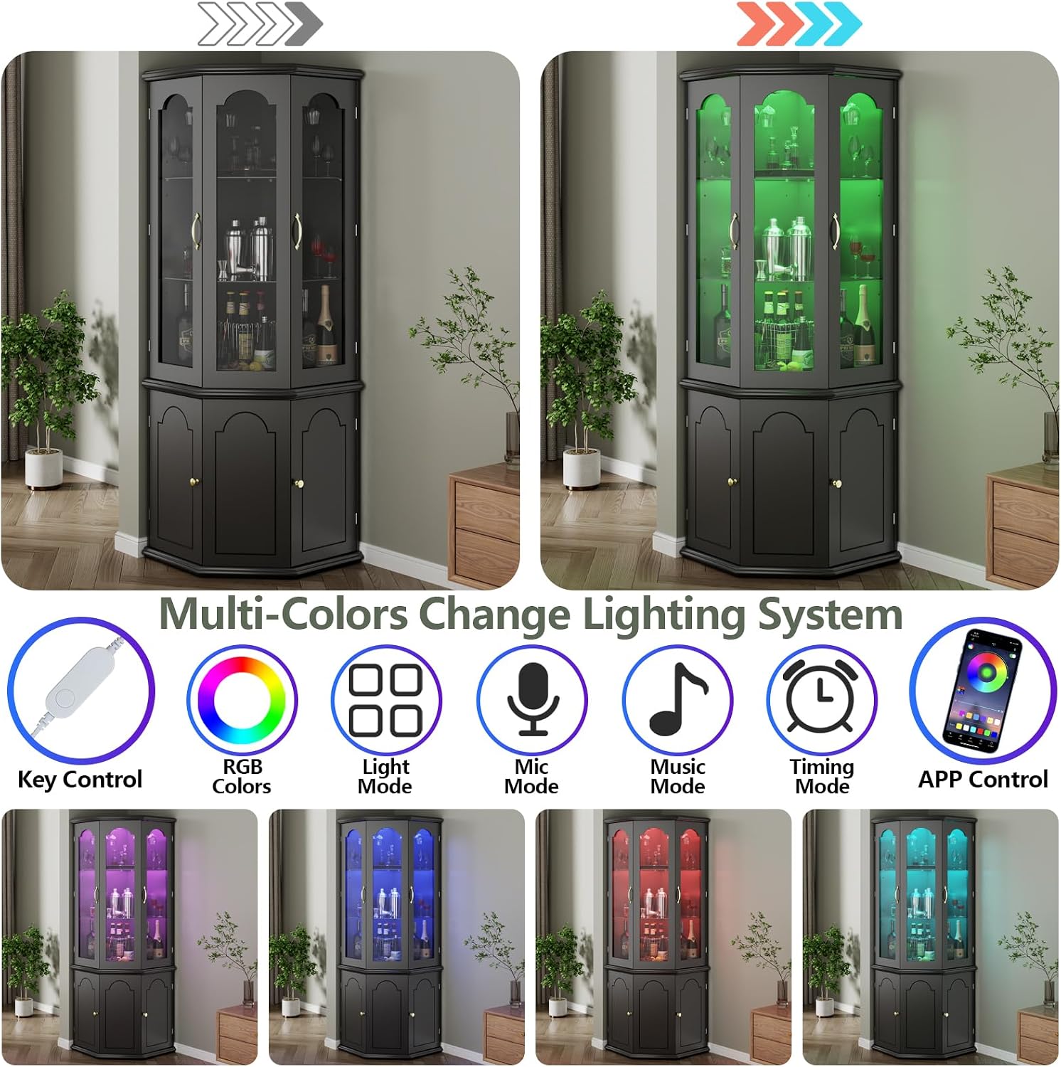 Black LED Tempered Glass Tall Corner Wine Bar Cabinet