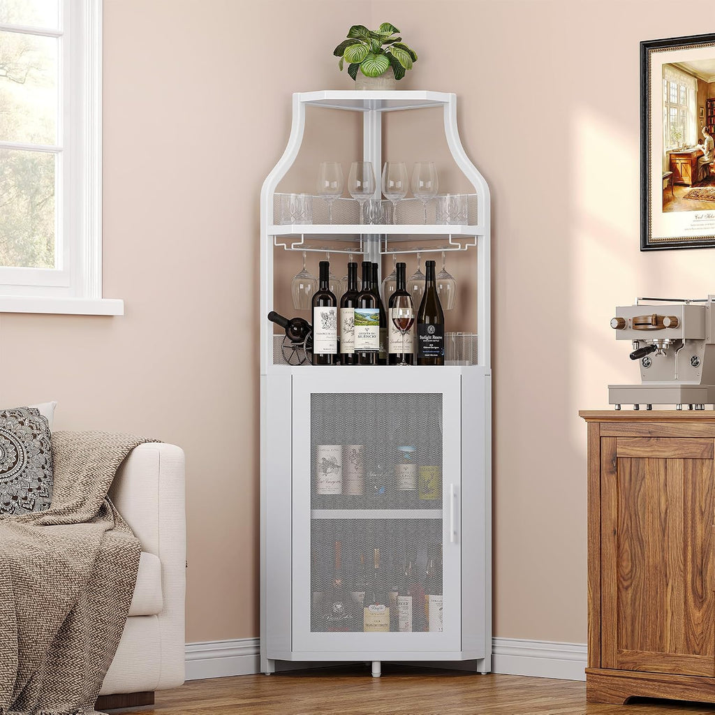 White Mesh Door Industrial Corner Wine Bar Cabinet