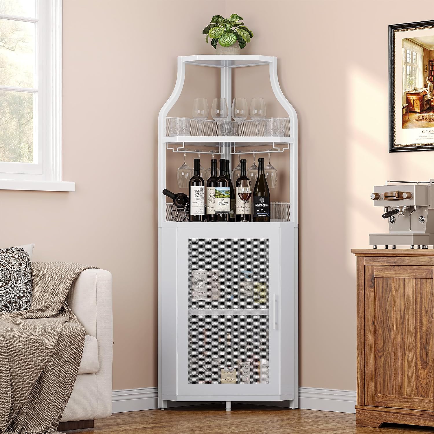 White Mesh Door Industrial Corner Wine Bar Cabinet