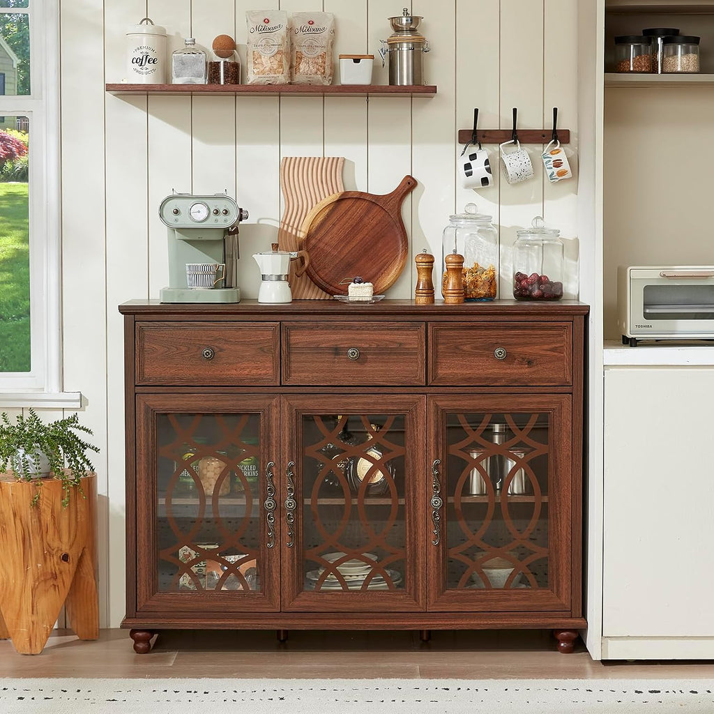 Brown Farmhouse Glass Door Drawer Sideboard Credenza