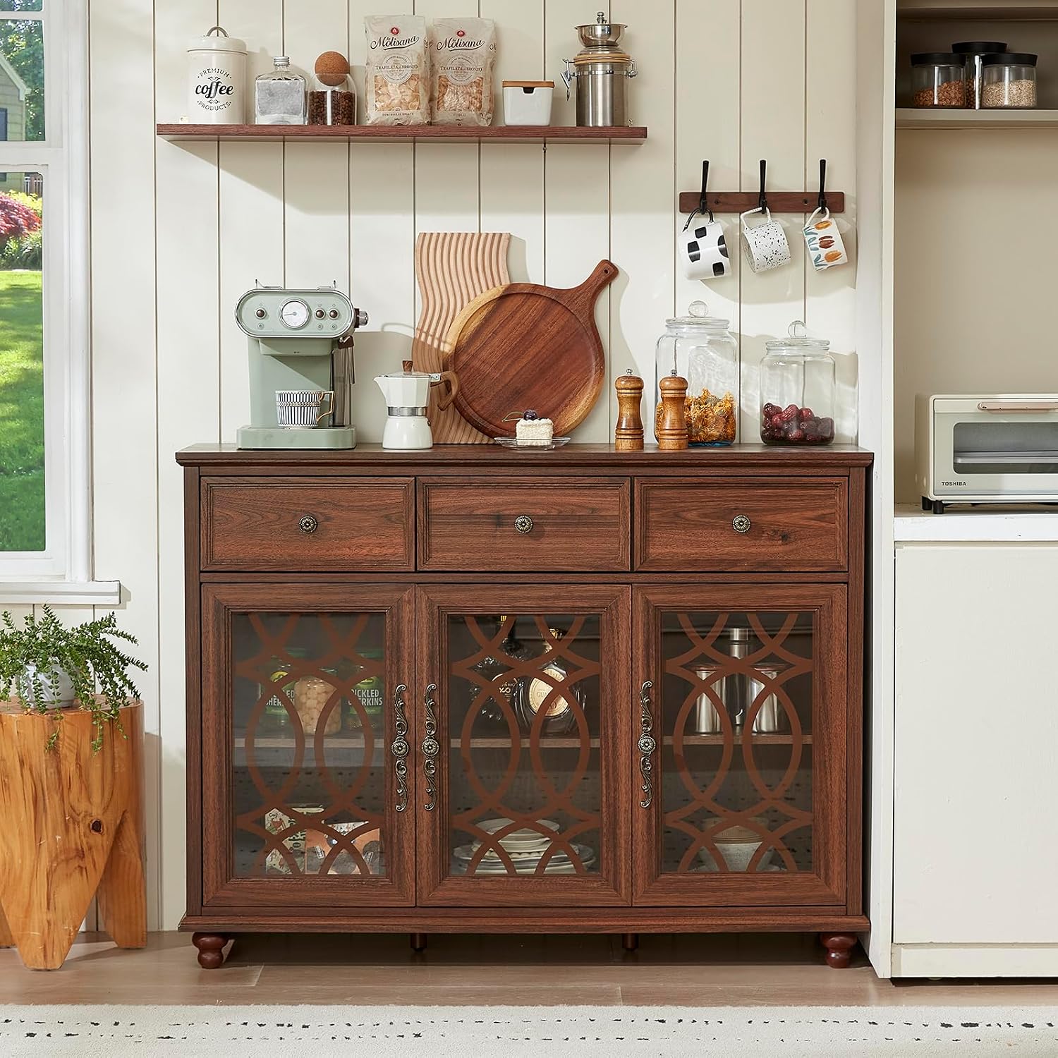 Brown Farmhouse Glass Door Drawer Sideboard Credenza