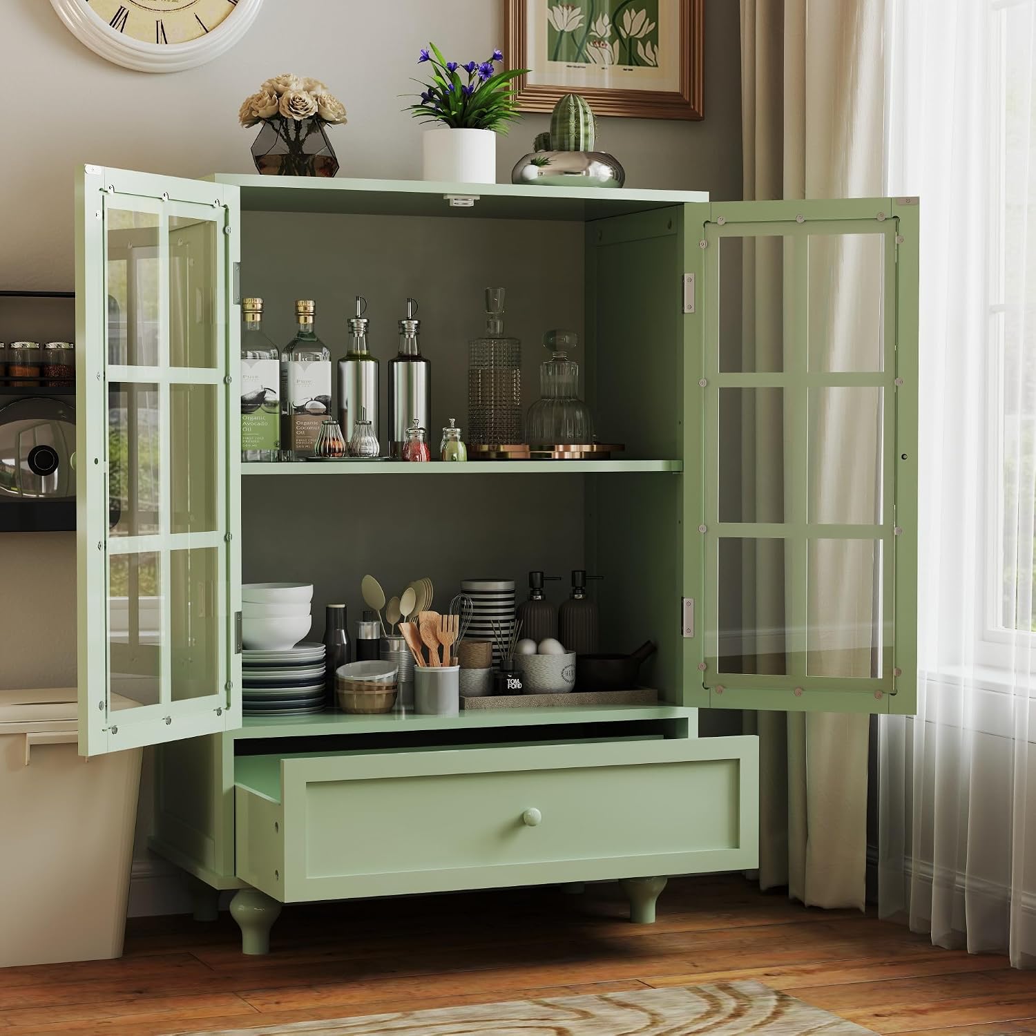 Glass Door Drawer Wooden Sideboard Storage Cabinet