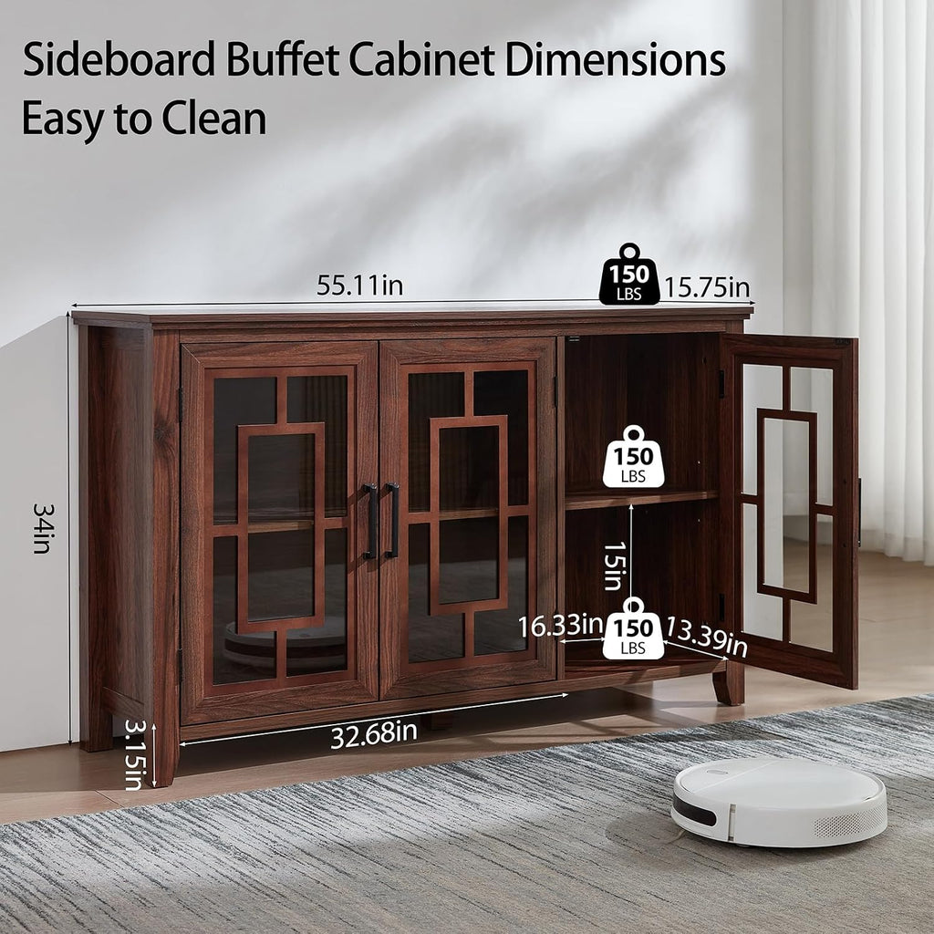 Brown Farmhouse Glass Door Coffee Bar Sideboard Cabinet
