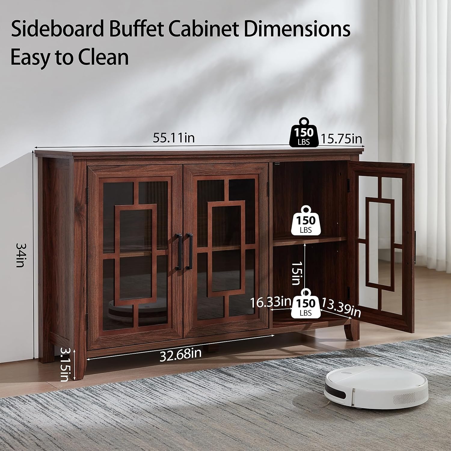 Brown Farmhouse Glass Door Coffee Bar Sideboard Cabinet