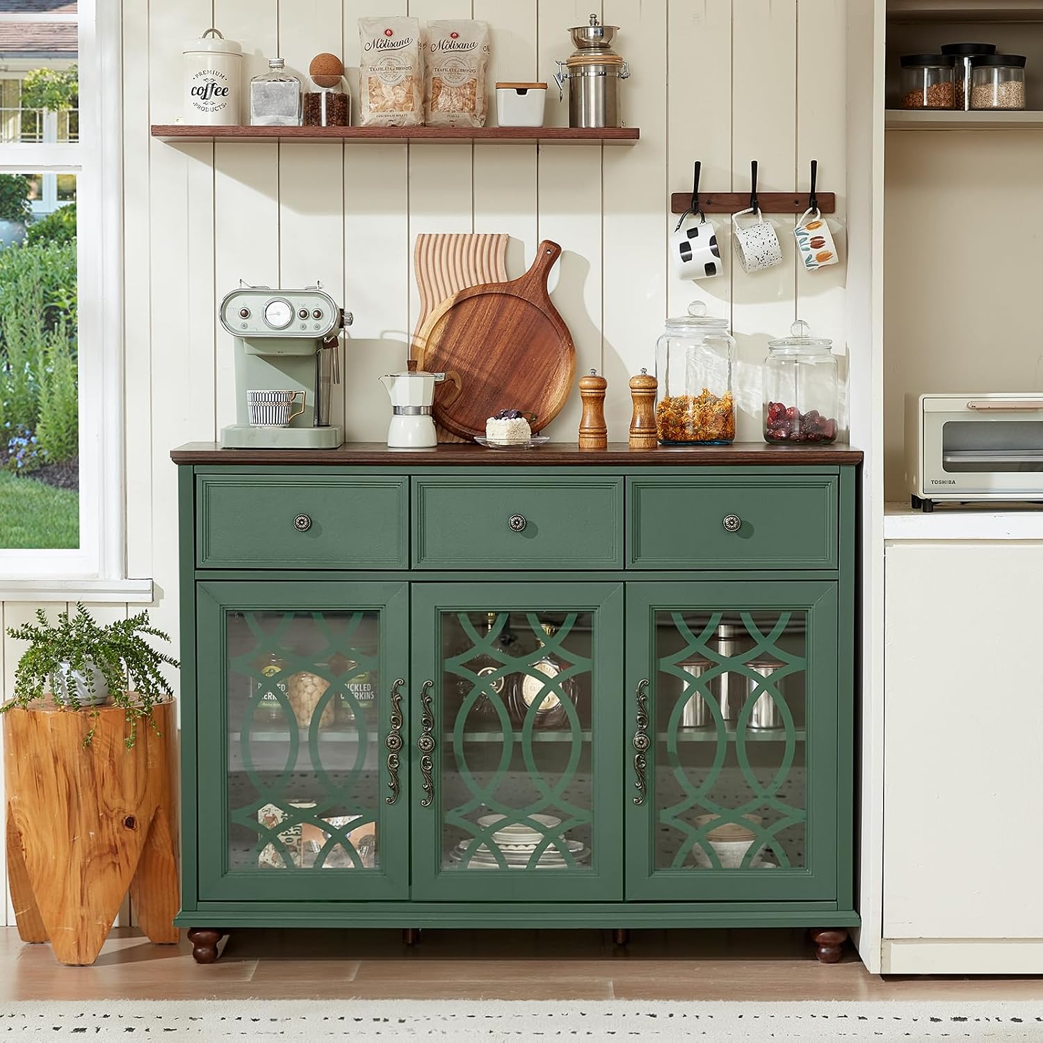 Green Farmhouse Glass Door Drawer Storage Sideboard Credenza