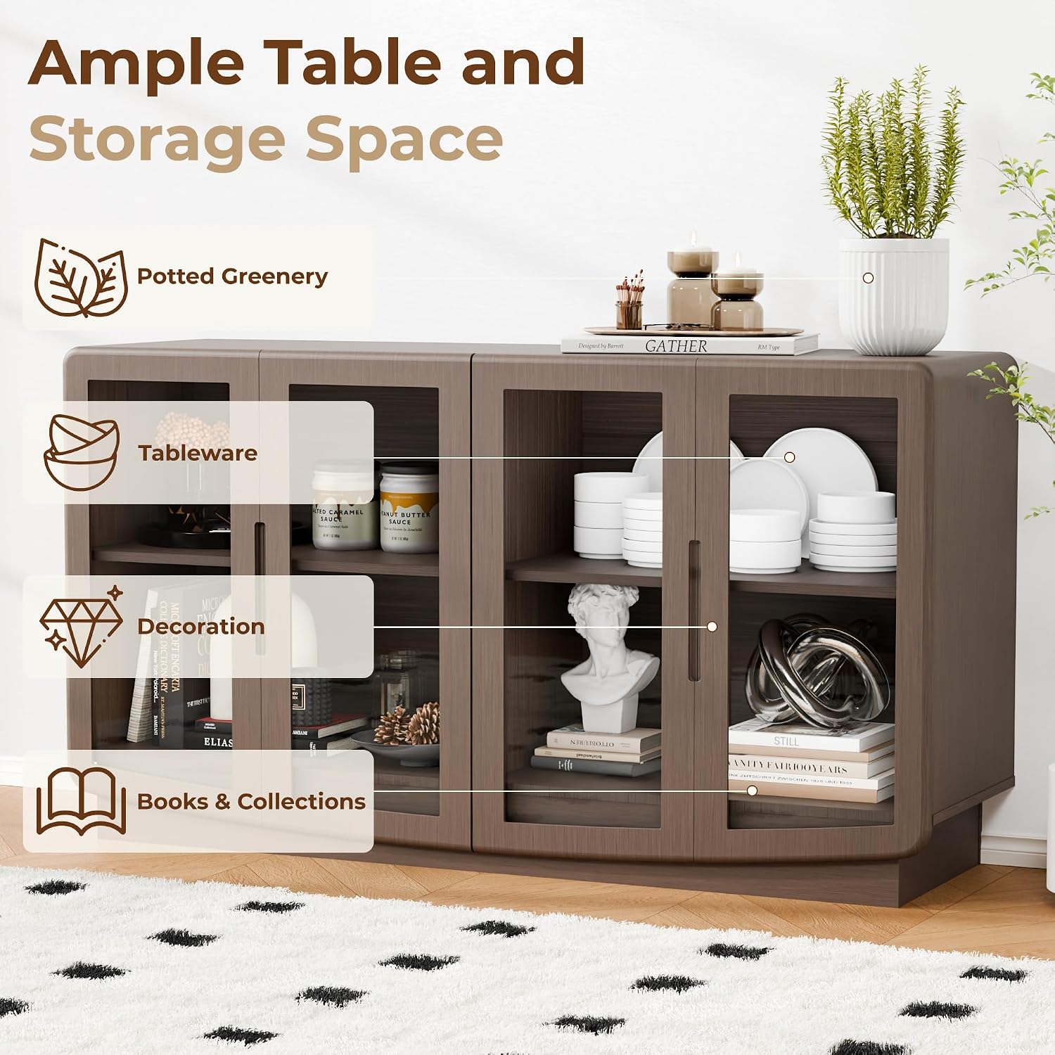 Walnut 4 Glass Door Sideboard Credenza