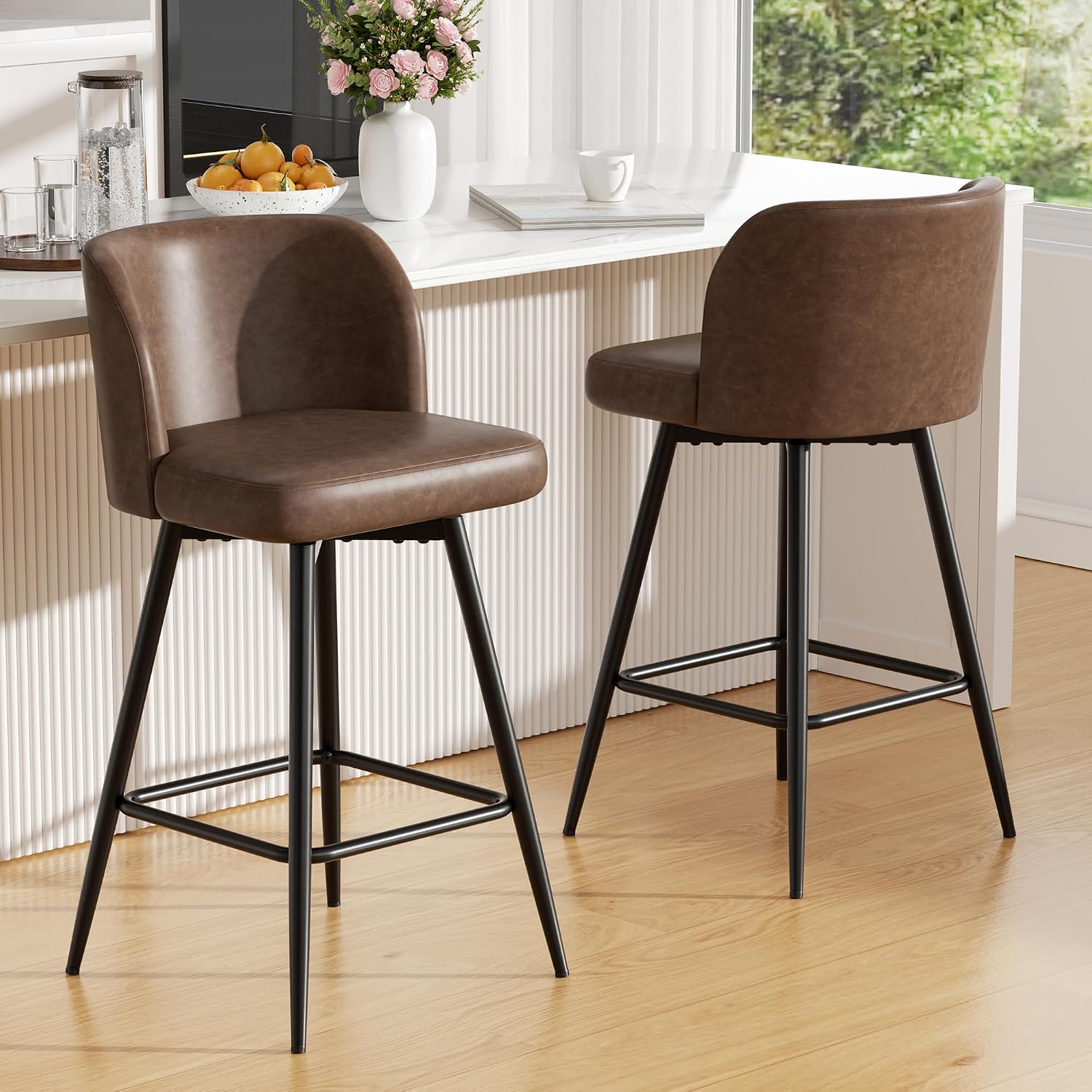 Brown Faux Leather Swivel Bar Stools Set of 2