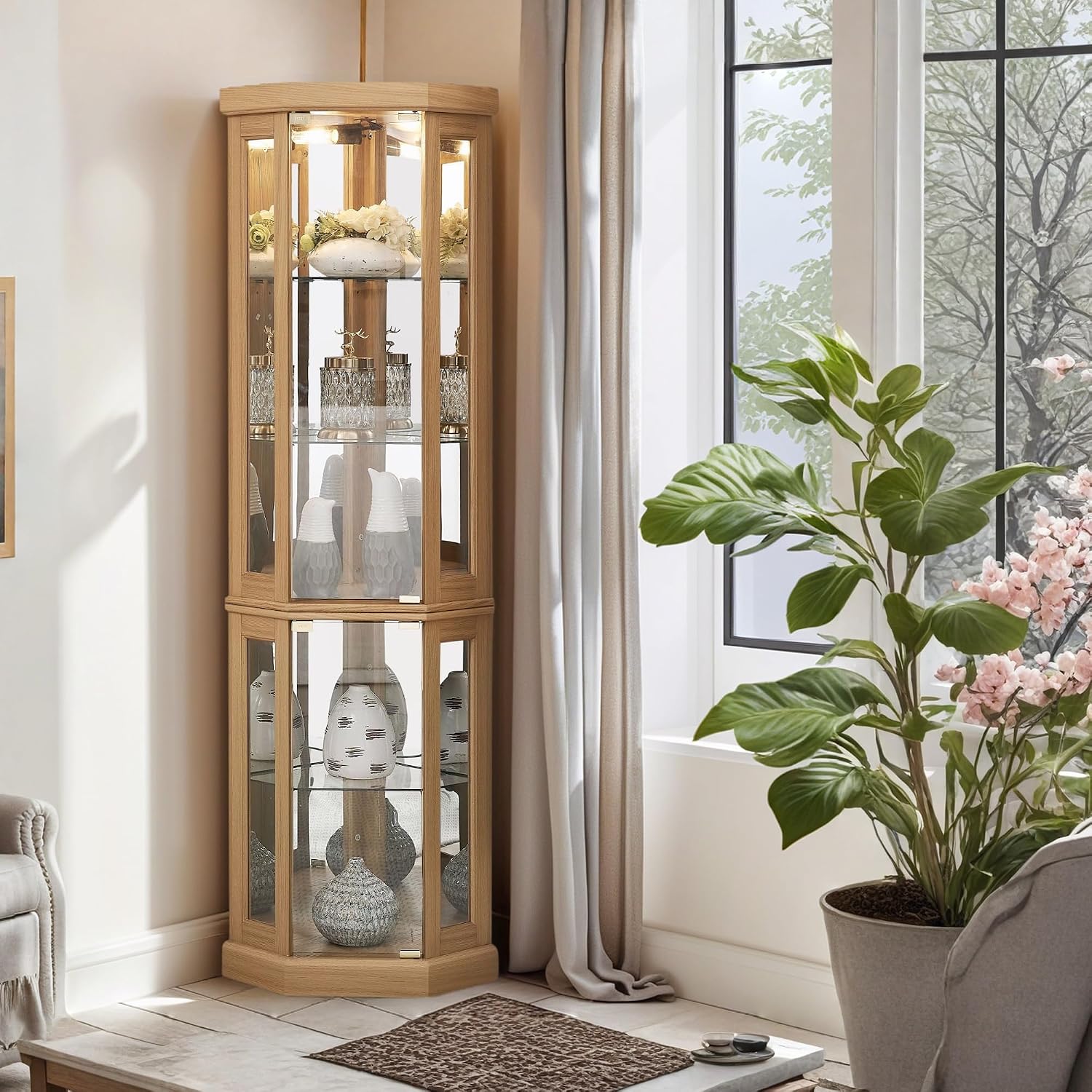Light Oak LED Tempered Glass Tall Corner Wine Curio Cabinet