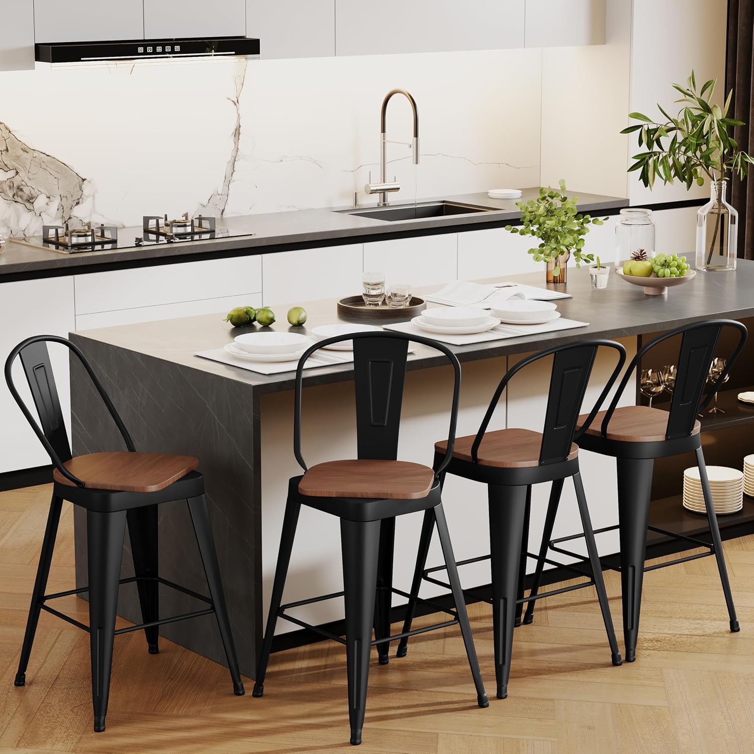 Matte Black Metal Wood Bar Stools Set