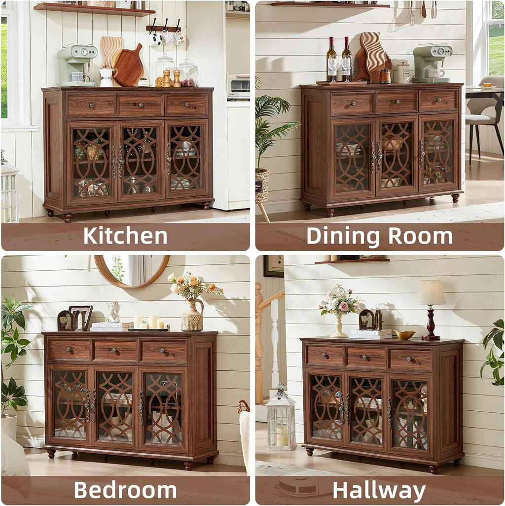 Brown Farmhouse Glass Door Drawer Sideboard Credenza