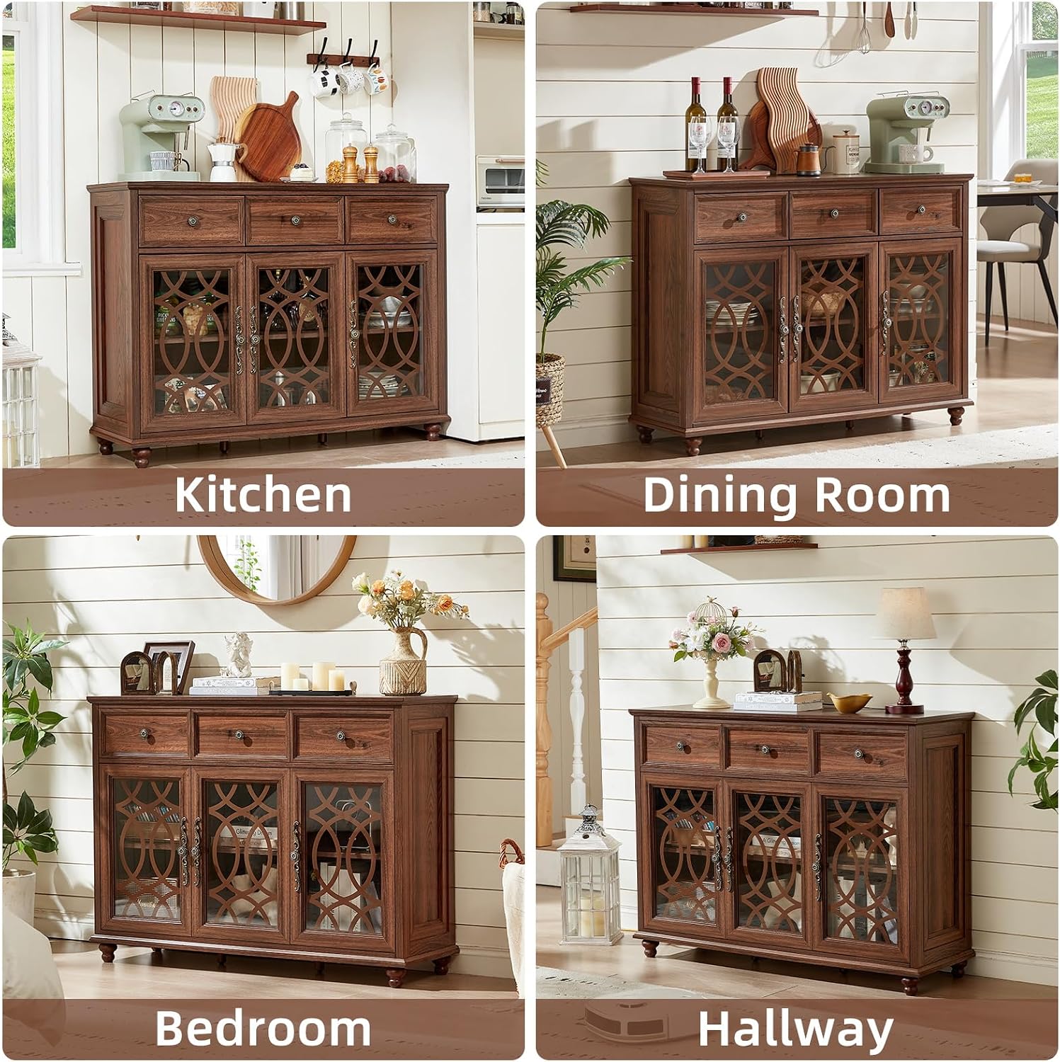 Brown Farmhouse Glass Door Drawer Sideboard Credenza