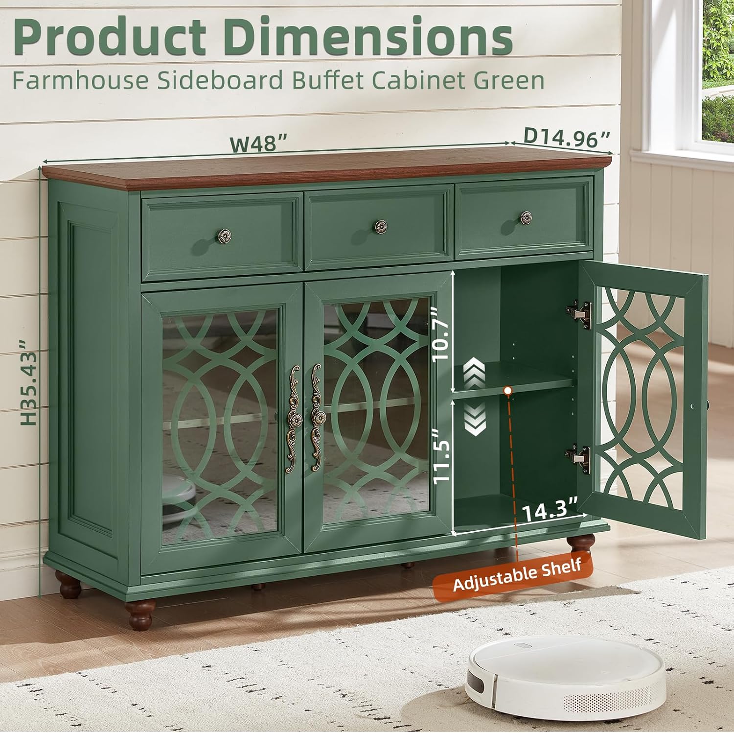 Green Farmhouse Glass Door Drawer Storage Sideboard Credenza