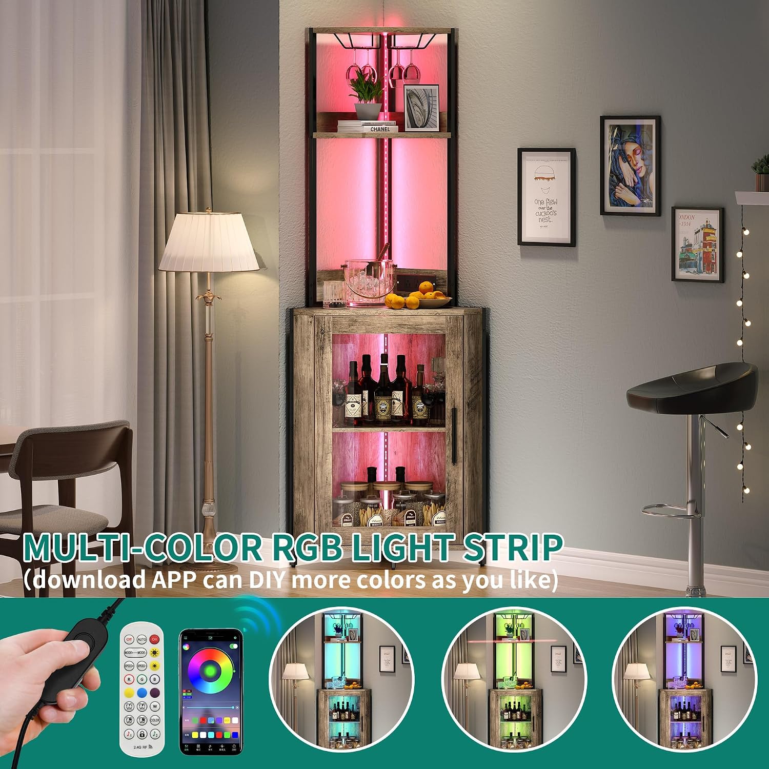 Power Outlet LED Glass Holder Corner Wine Bar Cabinet