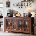 Brown 4 Glass Door Farmhouse Coffee Bar Sideboard Cabinet