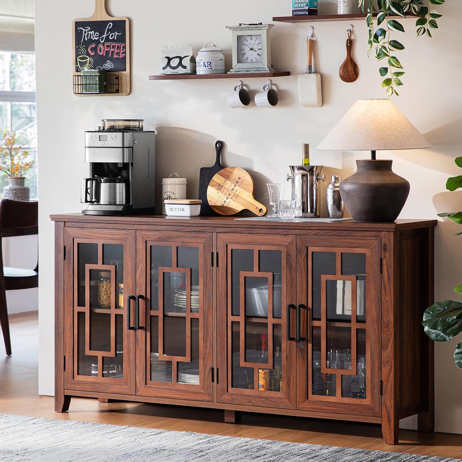 Brown 4 Glass Door Farmhouse Coffee Bar Sideboard Cabinet