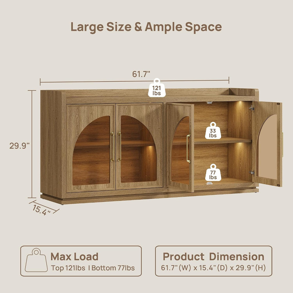Brown Oak LED Arch Glass Door Sideboard Credenza